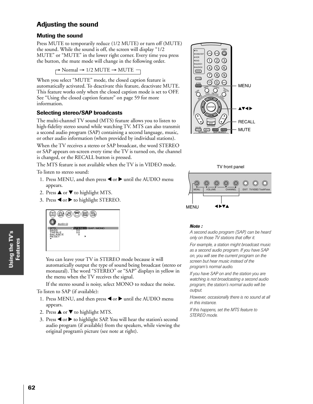 Toshiba 51HX83, 65HX83, 57HX83, 46HX83 owner manual Adjusting the sound, Muting the sound, Selecting stereo/SAP broadcasts 