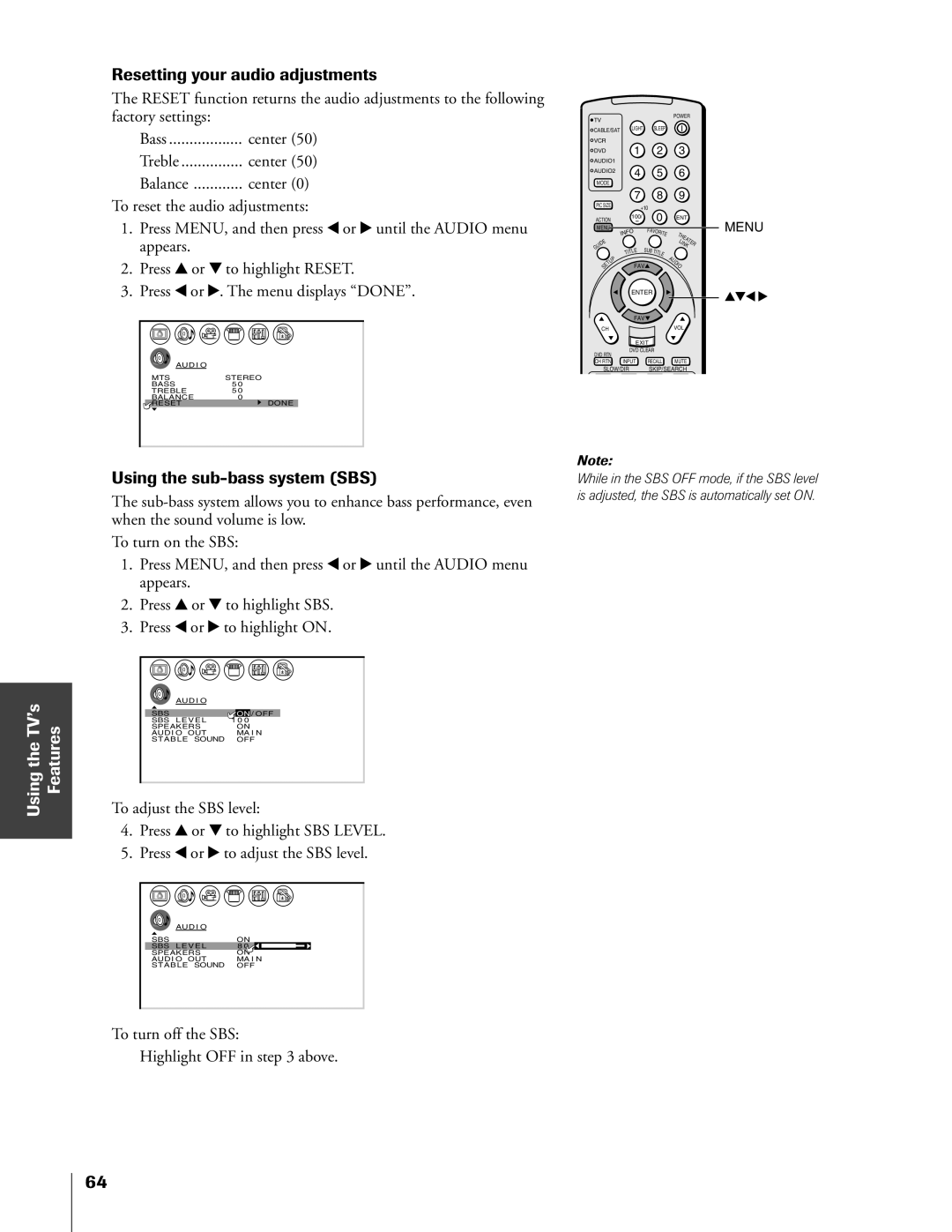 Toshiba 65HX83 Resetting your audio adjustments, Using the sub-bass system SBS, To turn off the SBS Highlight OFF in above 