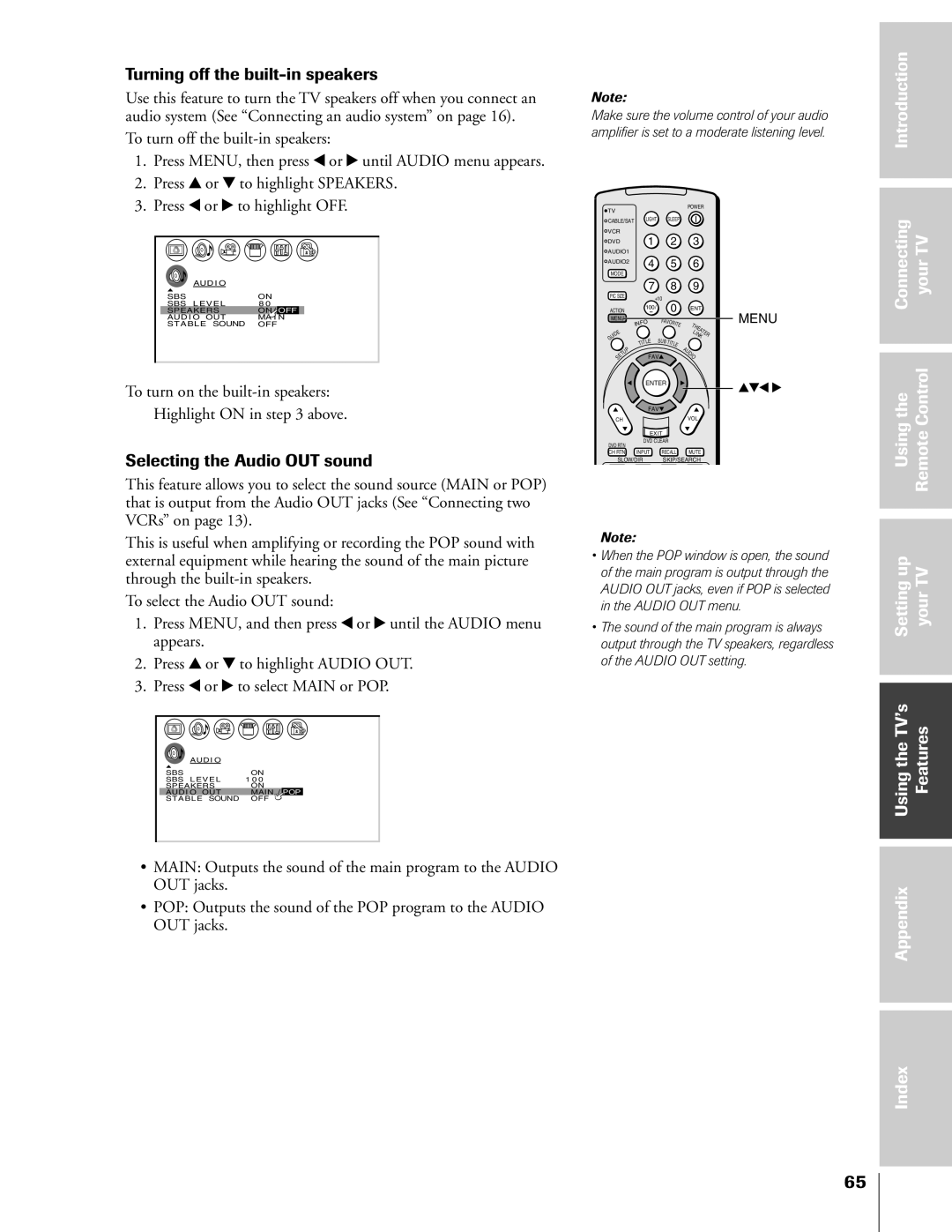 Toshiba 57HX83, 65HX83, 51HX83, 46HX83 owner manual Turning off the built-in speakers, Selecting the Audio OUT sound 