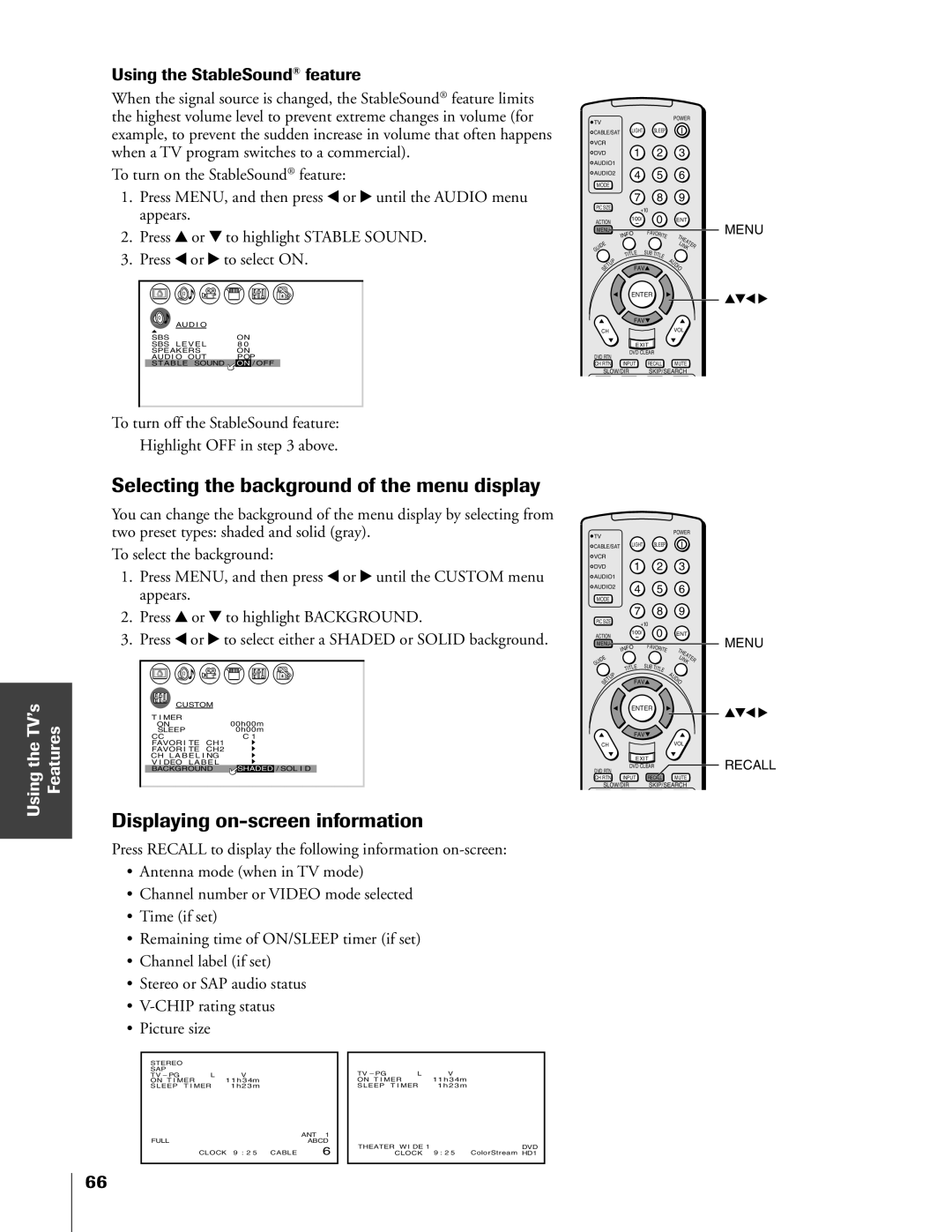 Toshiba 51HX83, 65HX83, 57HX83, 46HX83 Selecting the background of the menu display, Displaying on-screen information 