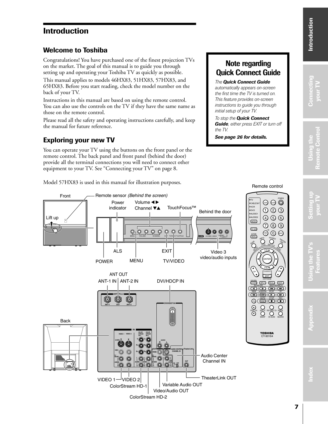 Toshiba 46HX83, 65HX83 Welcome to Toshiba, Exploring your new TV, Introduction Connecting YourTV Usingthe RemoteControl 