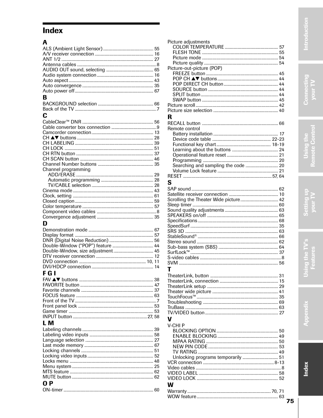 Toshiba 46HX83, 65HX83, 57HX83, 51HX83 owner manual Index 