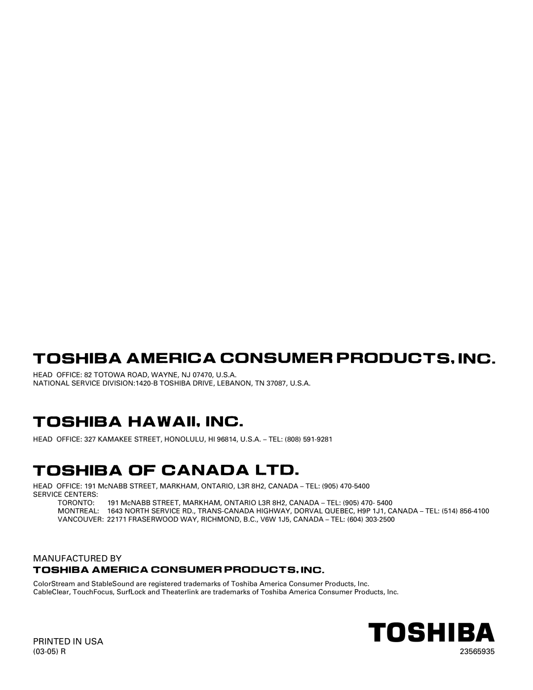 Toshiba 65HX83, 57HX83, 51HX83, 46HX83 owner manual Manufactured by 