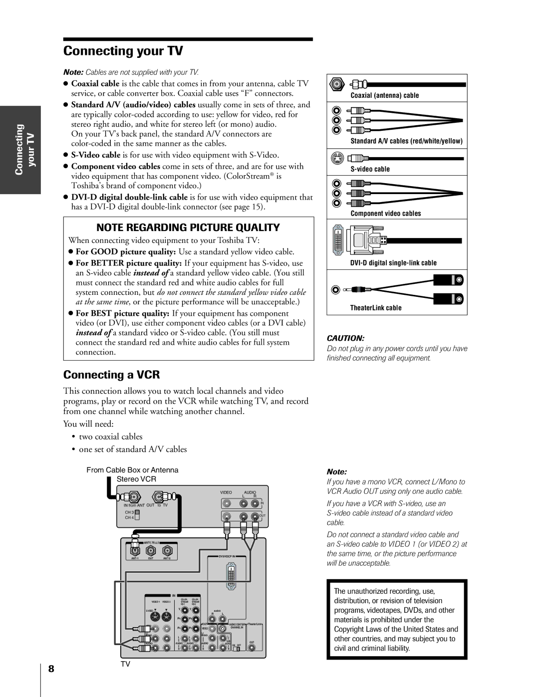 Toshiba 65HX83, 57HX83, 51HX83, 46HX83 owner manual Connecting a VCR, Connecting your TV 