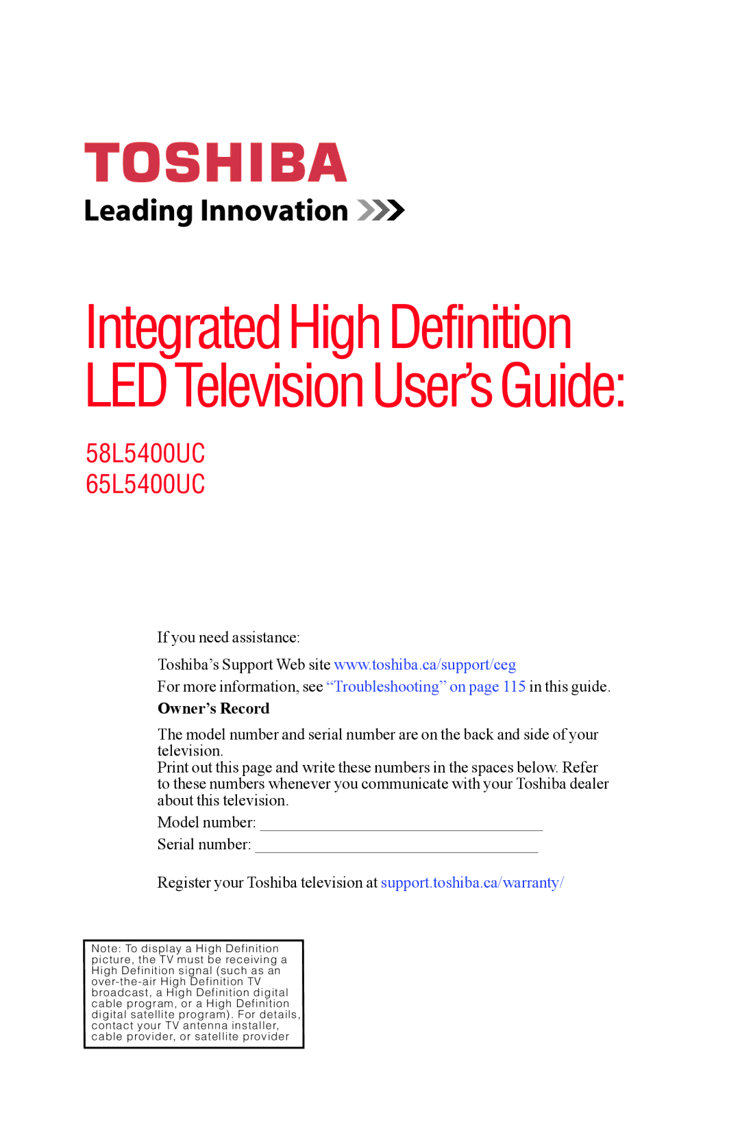 Toshiba 58L5400UC, 65L5400UC warranty IntegratedHighDefinition LEDTelevisionUser’sGuide 