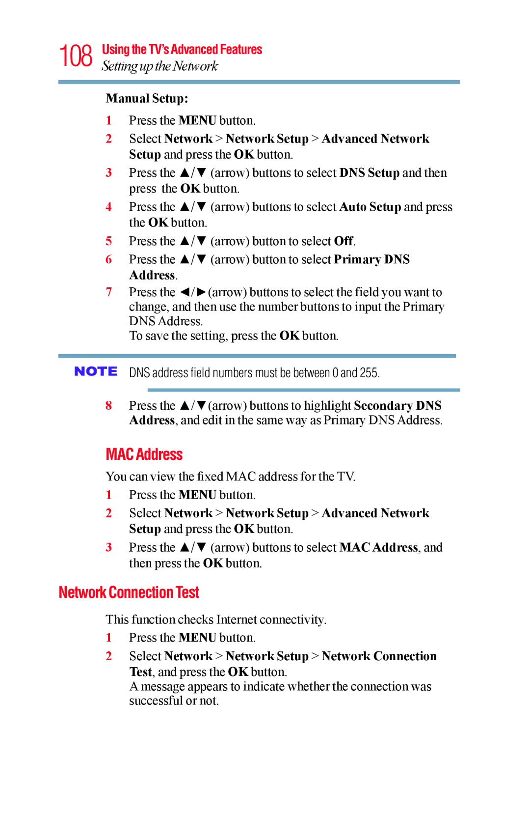 Toshiba 65L5400UC, 58L5400UC warranty MAC Address, Network Connection Test, DNS address field numbers must be between 0 