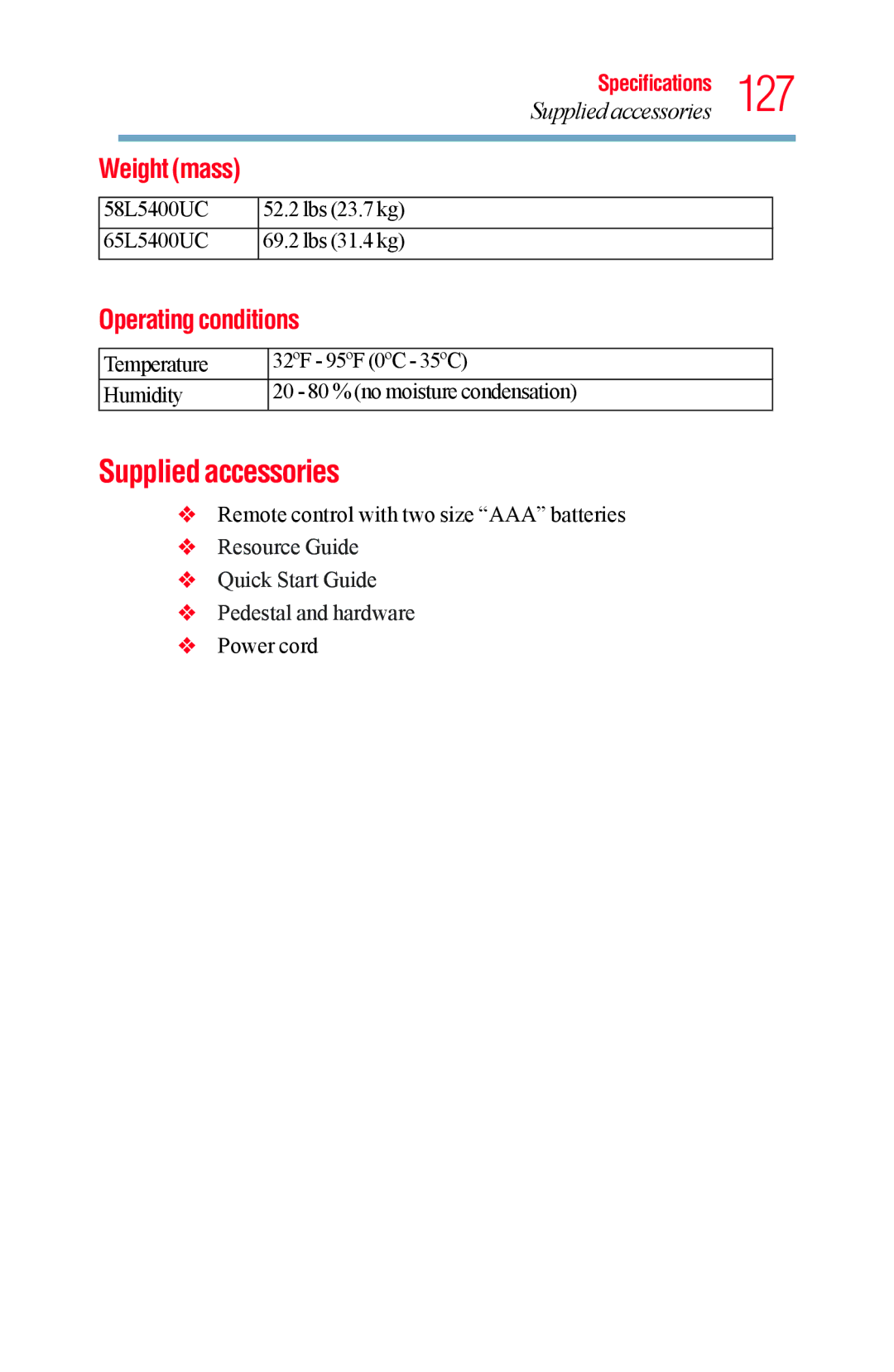 Toshiba 58L5400UC, 65L5400UC warranty Supplied accessories, Weight mass, Operating conditions 