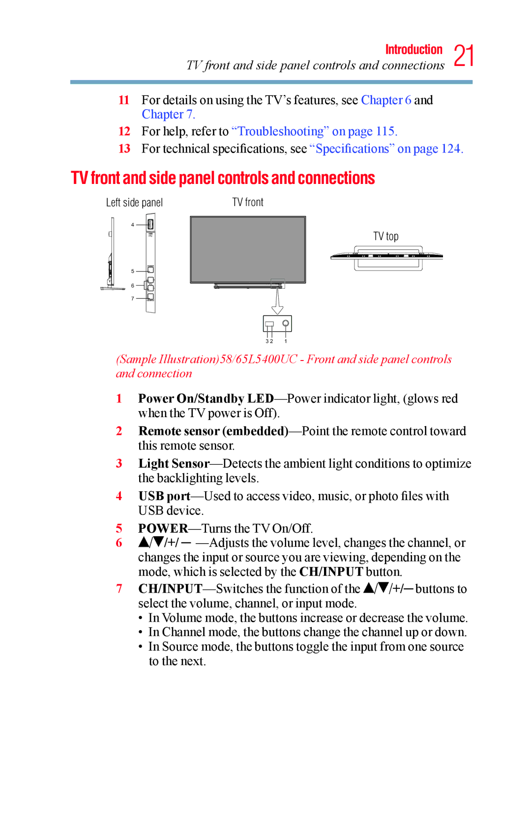 Toshiba 58L5400UC, 65L5400UC warranty TV front and side panel controls and connections 