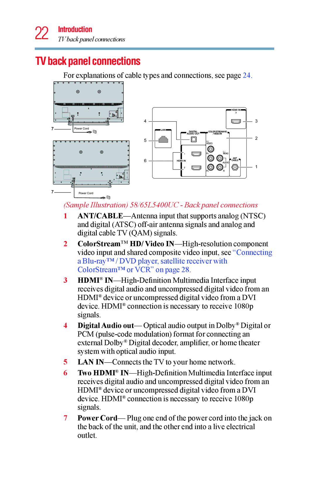 Toshiba 58L5400UC warranty TV back panel connections, Sample Illustration 58/65L5400UC Back panel connections 