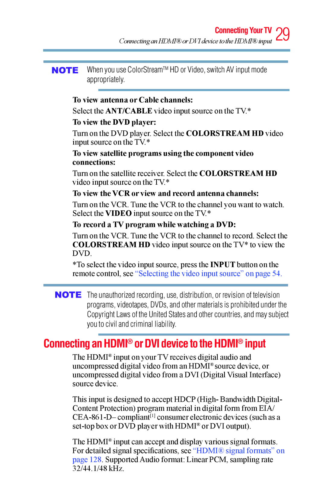 Toshiba 58L5400UC, 65L5400UC warranty Connecting an Hdmi or DVI device to the Hdmi input 