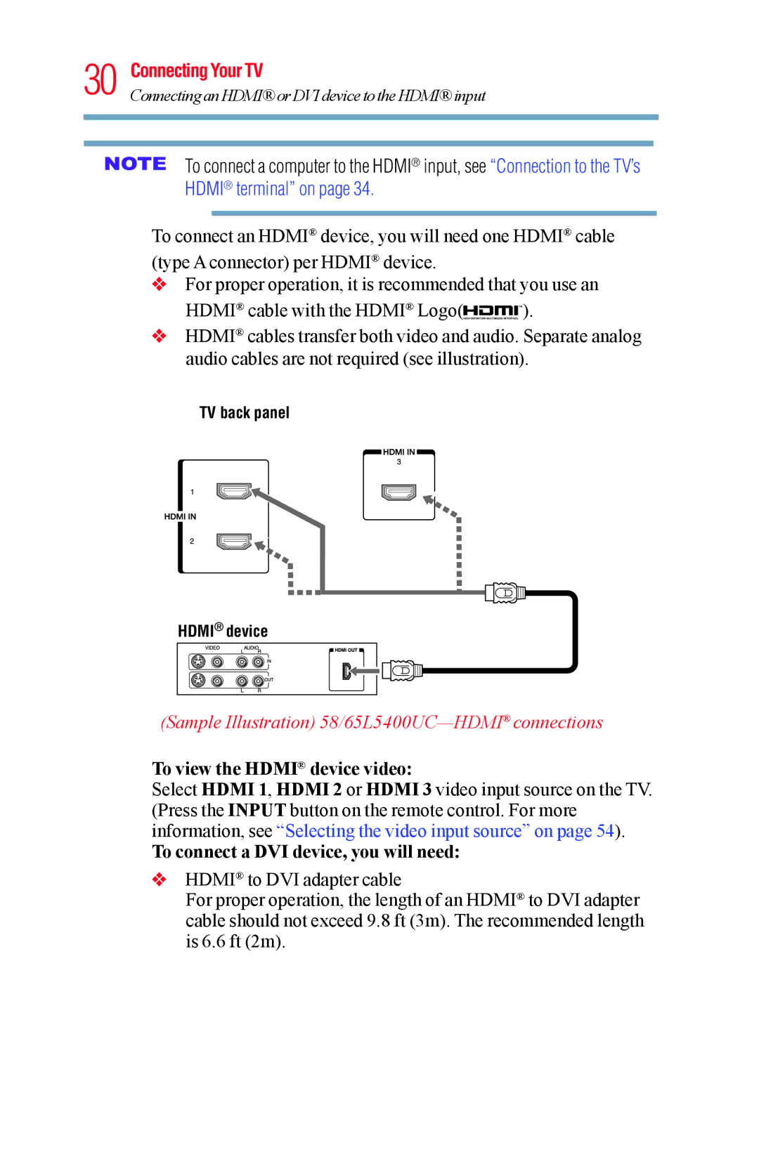 Toshiba 58L5400UC warranty  Sample Illustration 58/65L5400UC-HDMIconnections, To view the Hdmi device video 