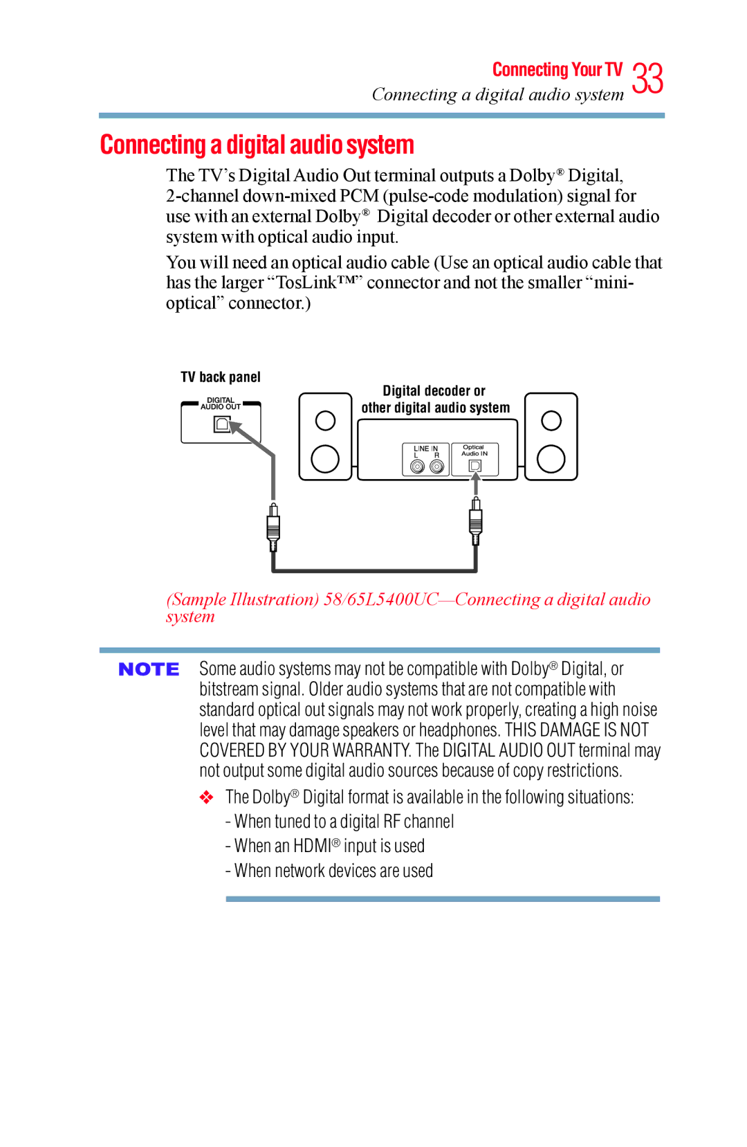 Toshiba 58L5400UC, 65L5400UC warranty Connecting a digital audio system 