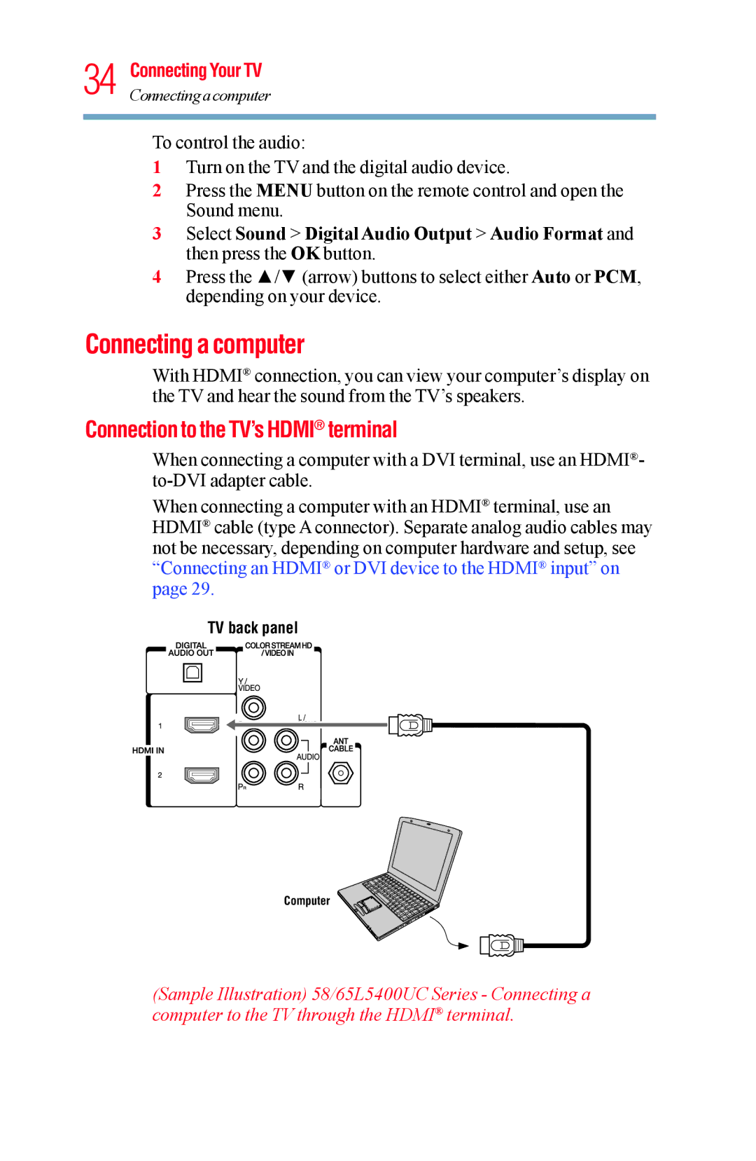 Toshiba 65L5400UC, 58L5400UC warranty Connecting a computer, Connection to the TV’s Hdmi terminal 