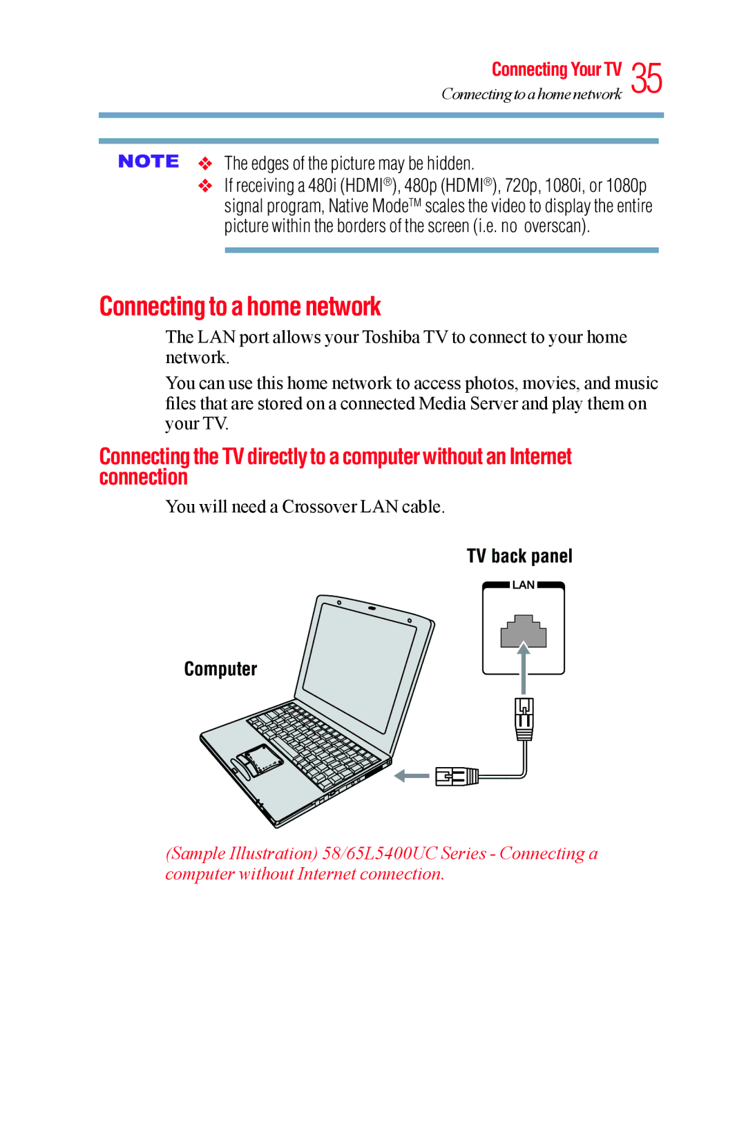 Toshiba 58L5400UC, 65L5400UC warranty Connecting to a home network, Edges of the picture may be hidden 