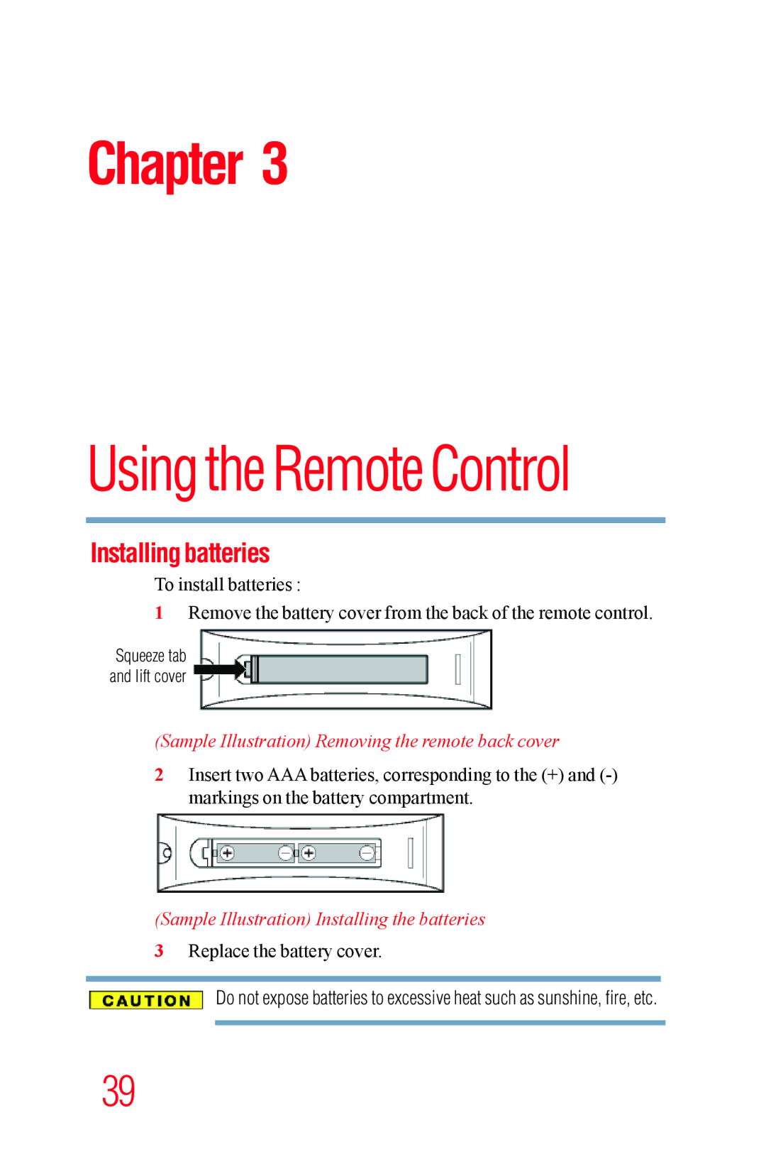 Toshiba 58L5400UC, 65L5400UC warranty Installing batteries, Sample Illustration Removing the remote back cover 