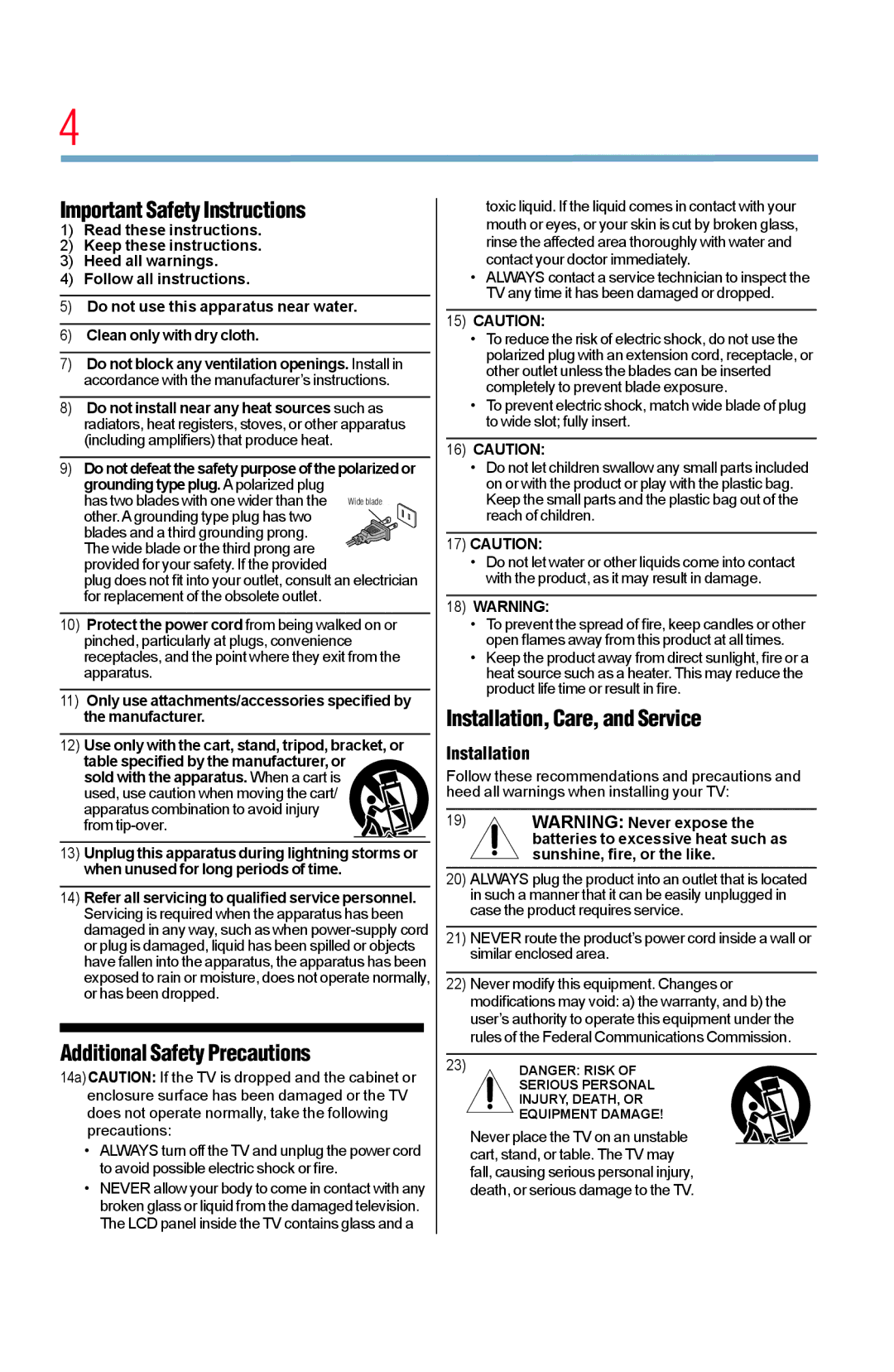 Toshiba 65L5400UC, 58L5400UC warranty Important Safety Instructions 