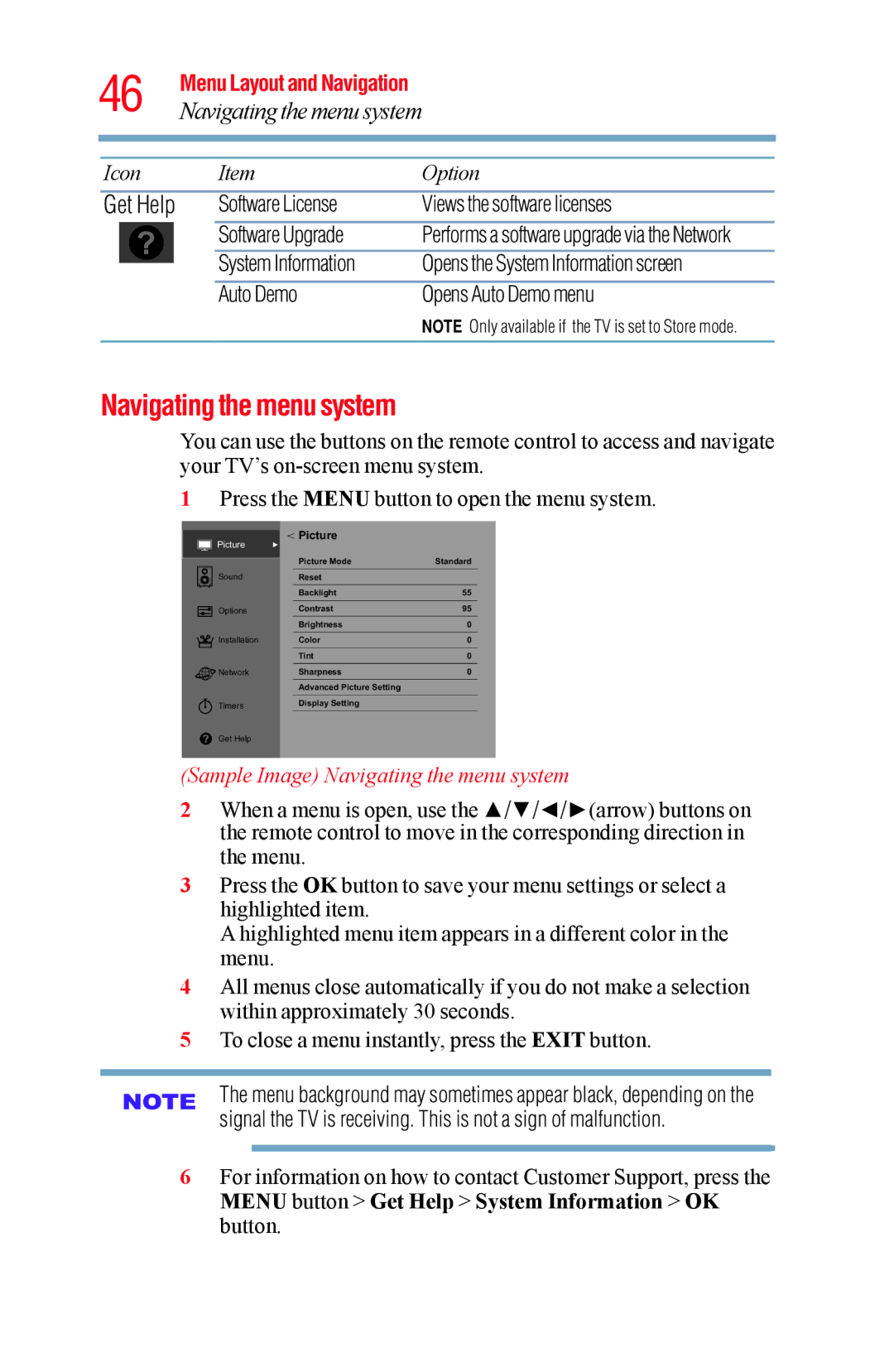 Toshiba 65L5400UC, 58L5400UC System Information, Auto Demo Opens Auto Demo menu, Sample Image Navigating the menu system 