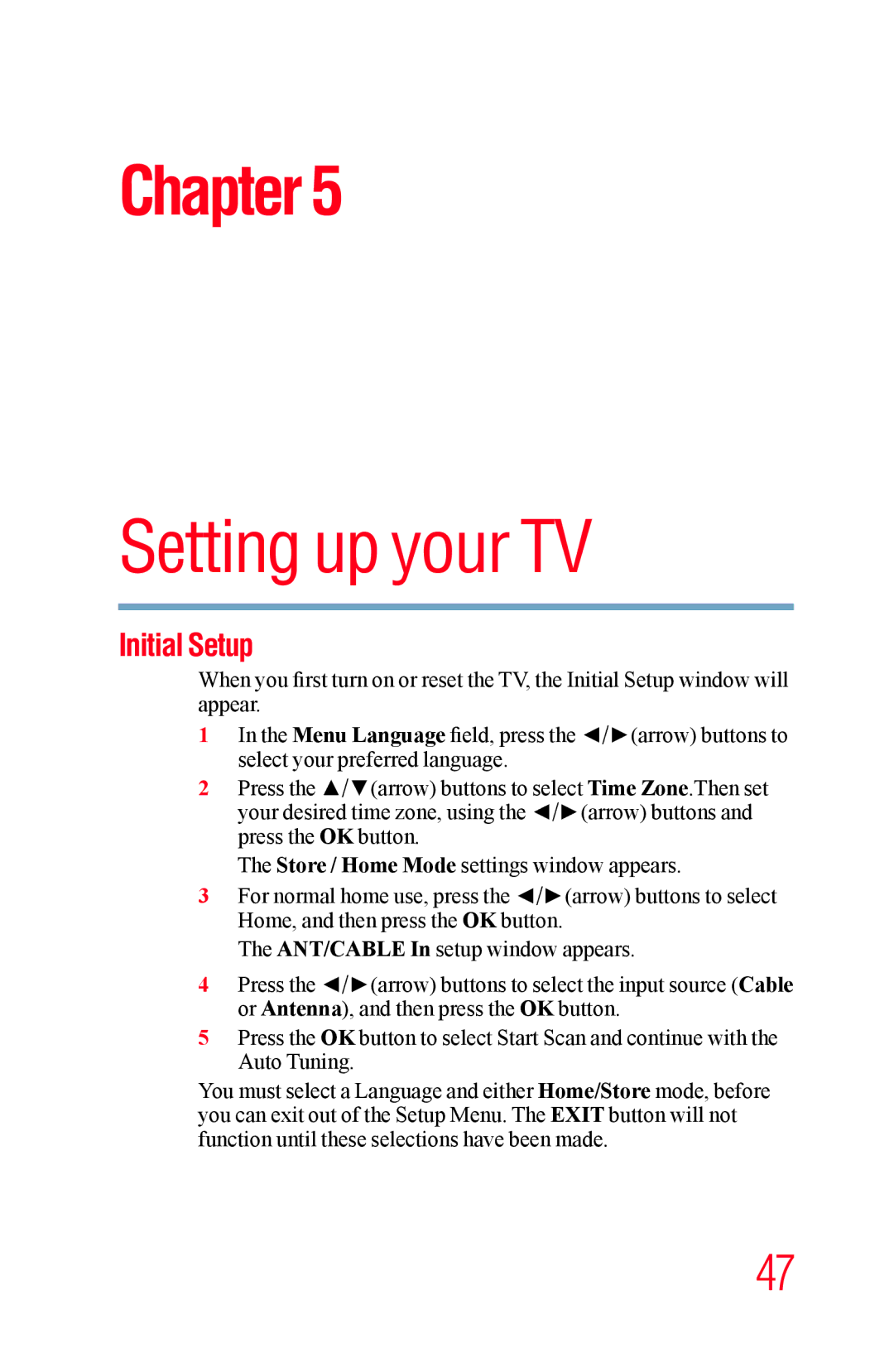 Toshiba 58L5400UC, 65L5400UC warranty Setting up your TV, Initial Setup 