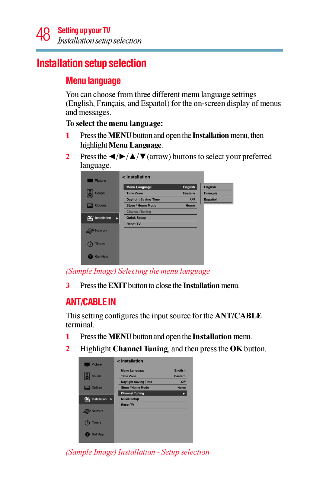 Toshiba 65L5400UC, 58L5400UC warranty Installation setup selection, Menu language, Sample Image Selecting the menu language 