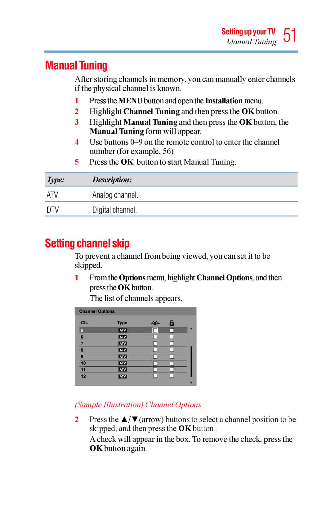 Toshiba 58L5400UC, 65L5400UC warranty Manual Tuning, Setting channel skip, Analog channel, Digital channel 