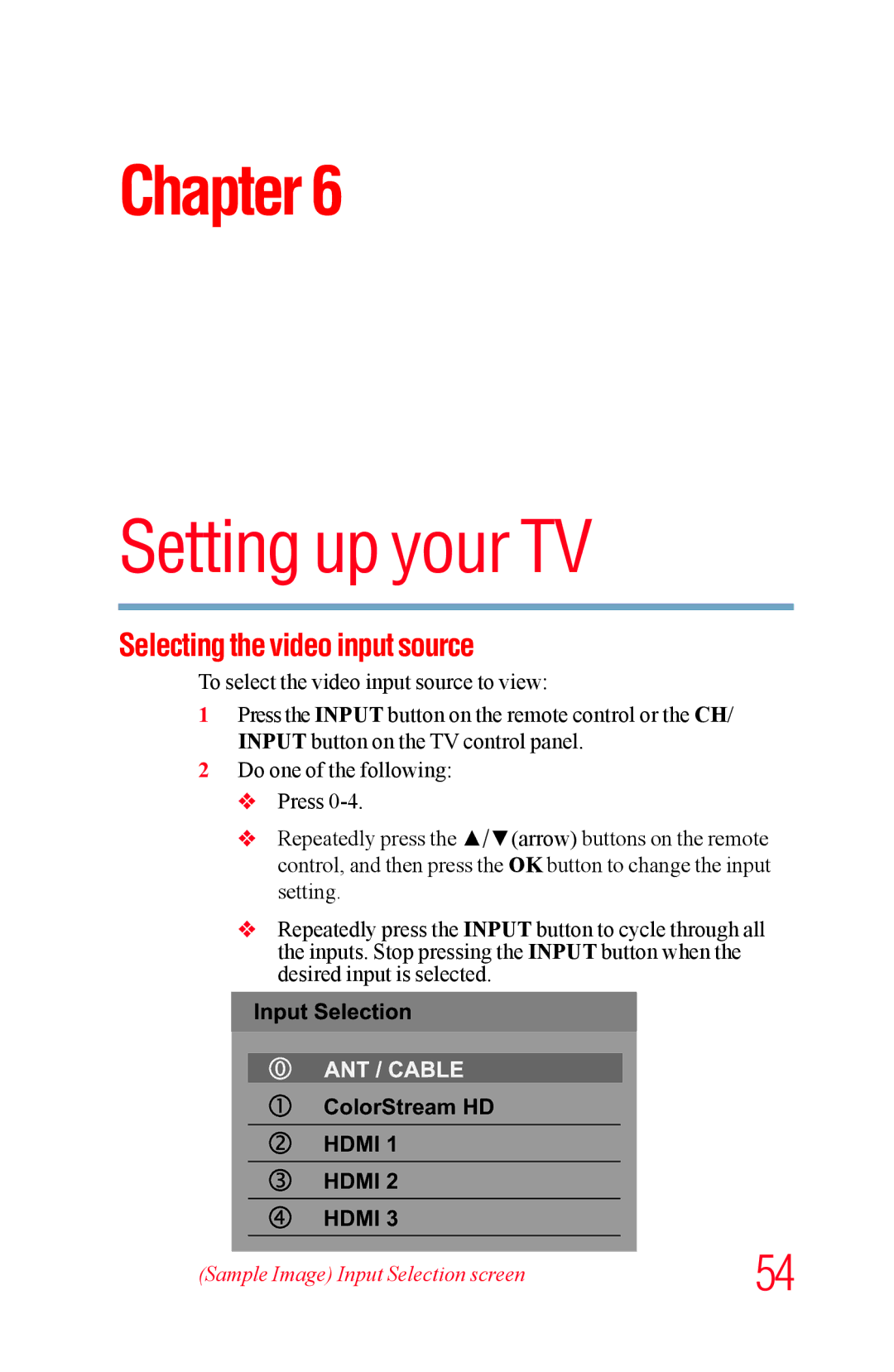 Toshiba 65L5400UC, 58L5400UC warranty Selecting the video input source, Sample Image Input Selection screen 