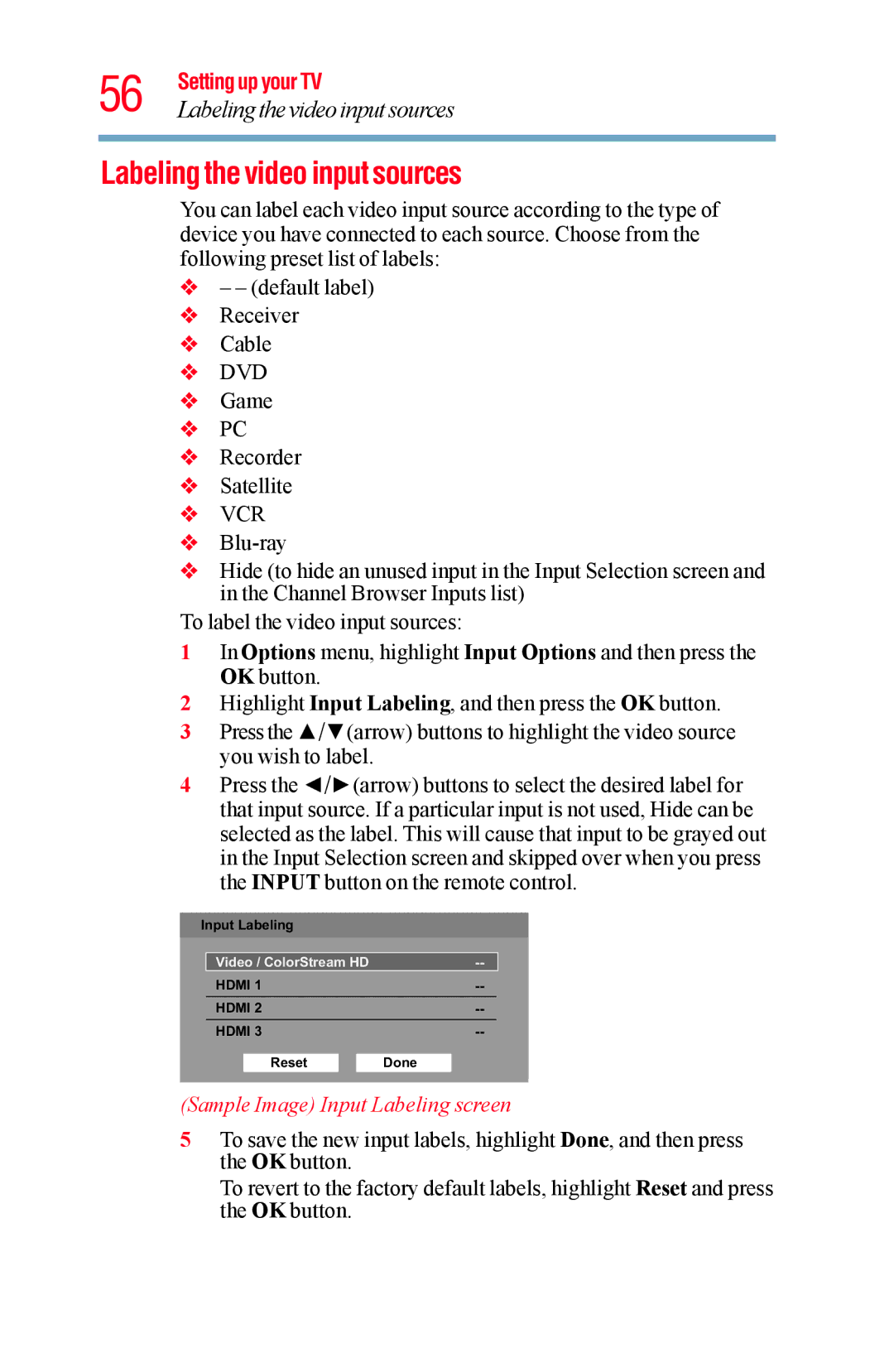 Toshiba 65L5400UC, 58L5400UC warranty Labeling the video input sources, Sample Image Input Labeling screen 