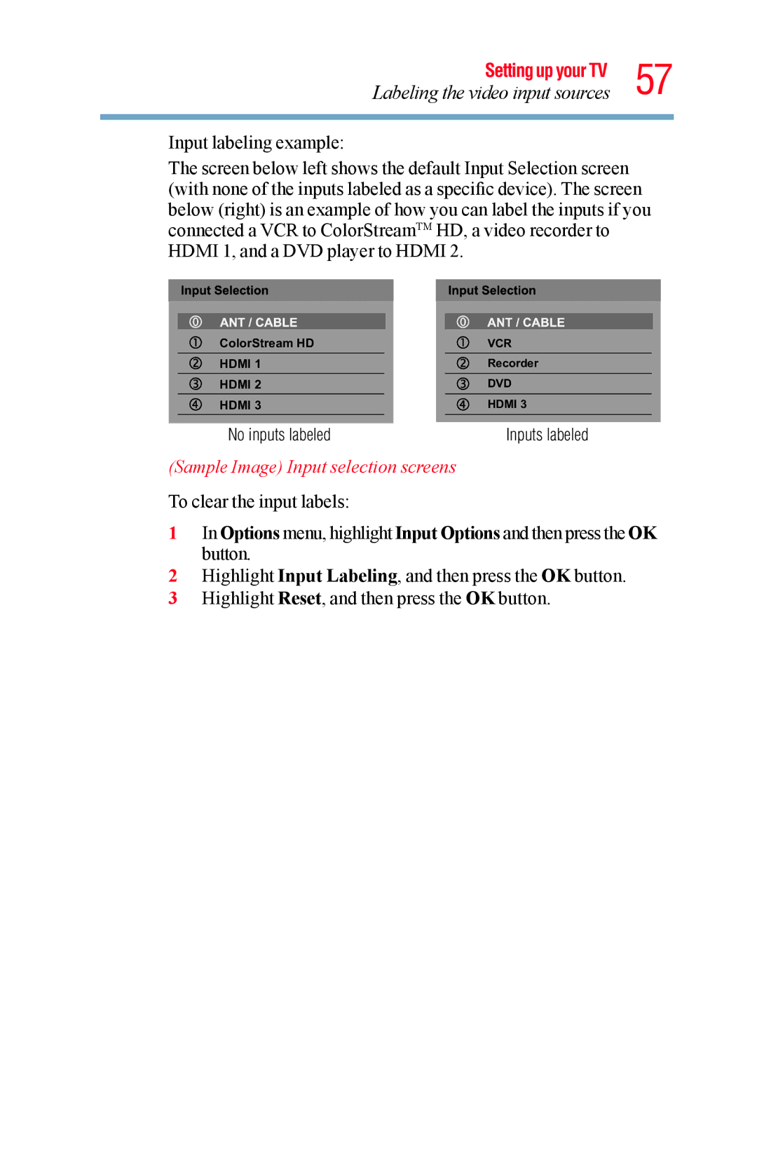 Toshiba 58L5400UC, 65L5400UC warranty Labeling the video input sources﻿, Sample Image Input selection screens 