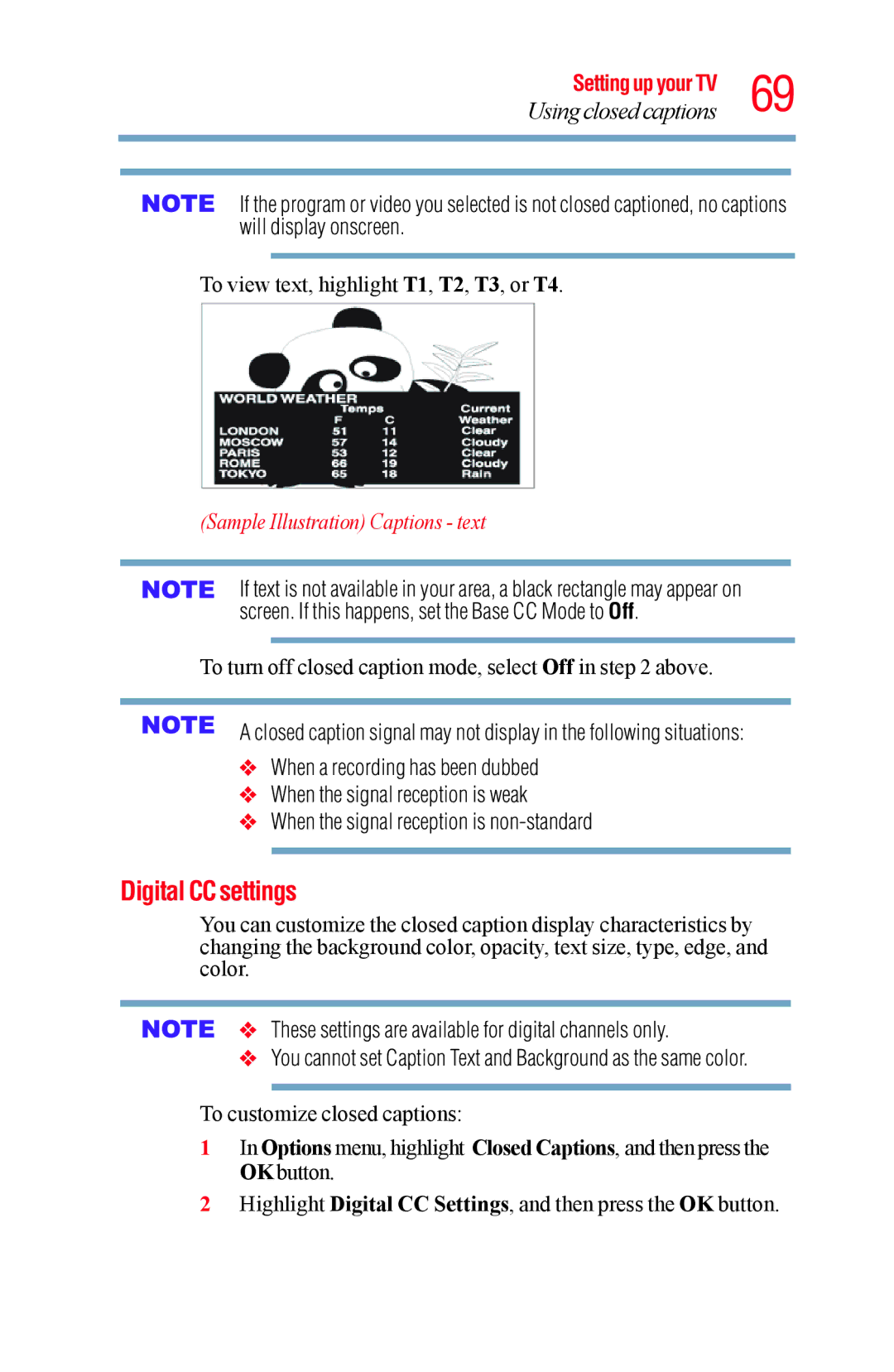 Toshiba 58L5400UC, 65L5400UC warranty Digital CC settings, Sample Illustration Captions text 