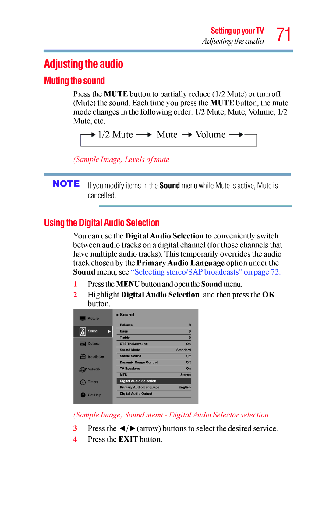 Toshiba 58L5400UC Adjusting the audio, Muting the sound, Using the Digital Audio Selection, Sample Image Levels of mute 