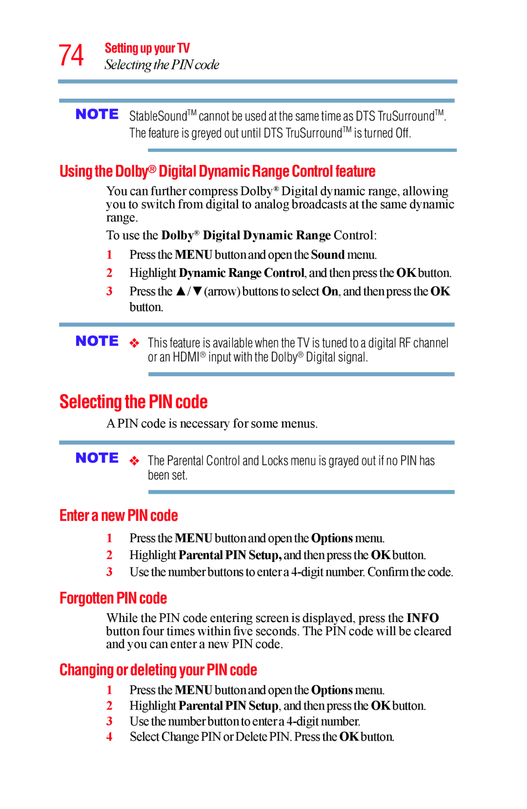 Toshiba 65L5400UC Selecting the PIN code, Using the Dolby Digital Dynamic Range Control feature, Enter a new PIN code 