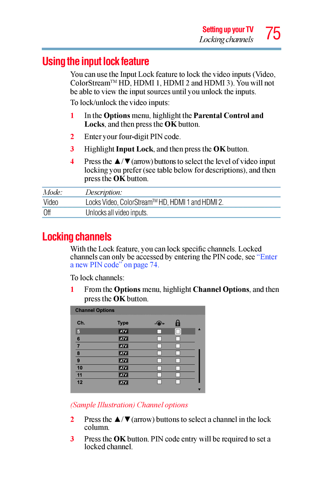 Toshiba 58L5400UC, 65L5400UC warranty Using the input lock feature, Locking channels 