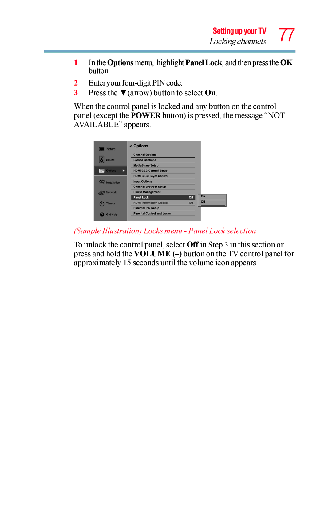 Toshiba 58L5400UC, 65L5400UC warranty Sample Illustration Locks menu Panel Lock selection 