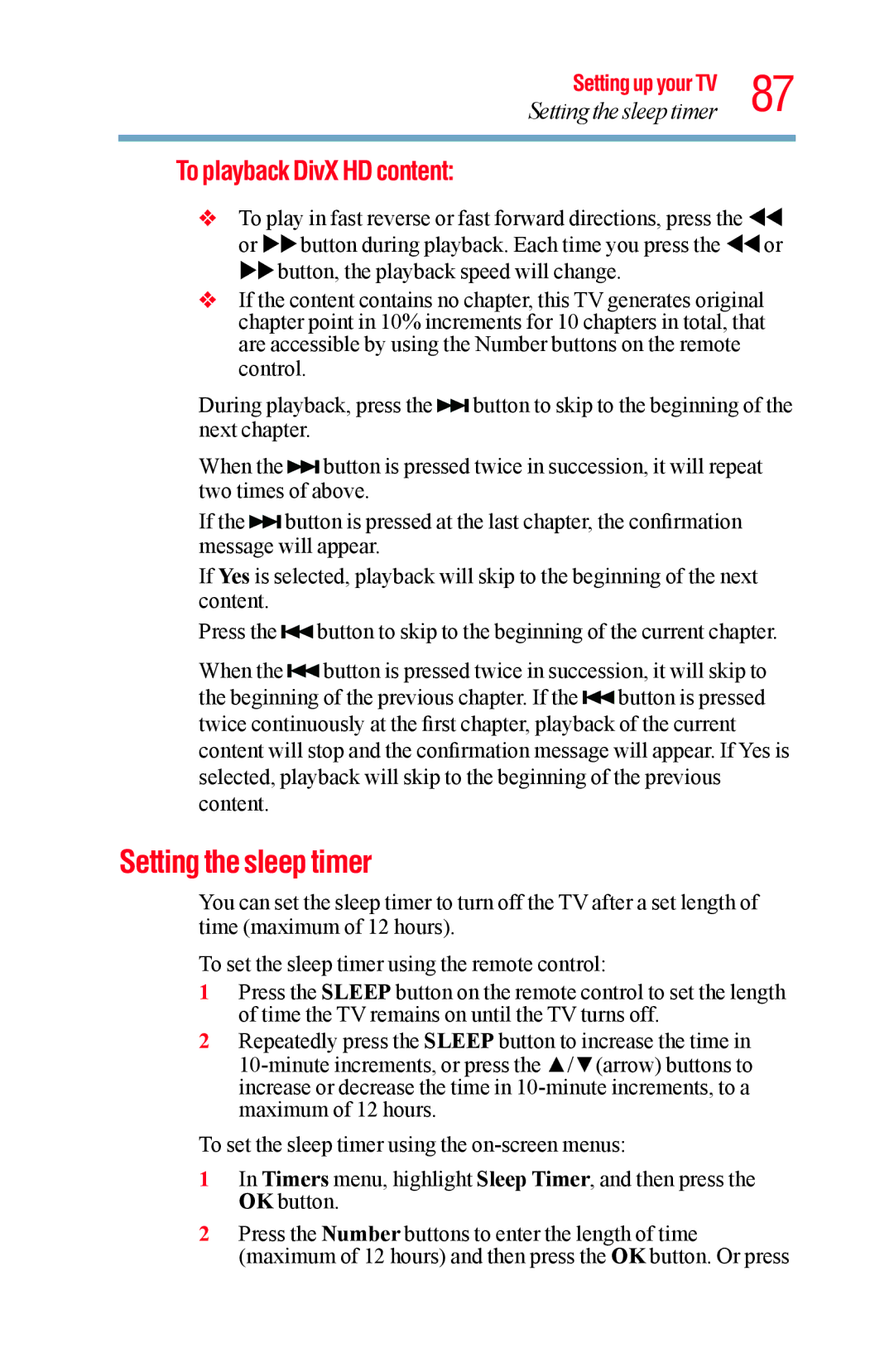 Toshiba 58L5400UC, 65L5400UC warranty Setting the sleep timer, To playback DivX HD content 