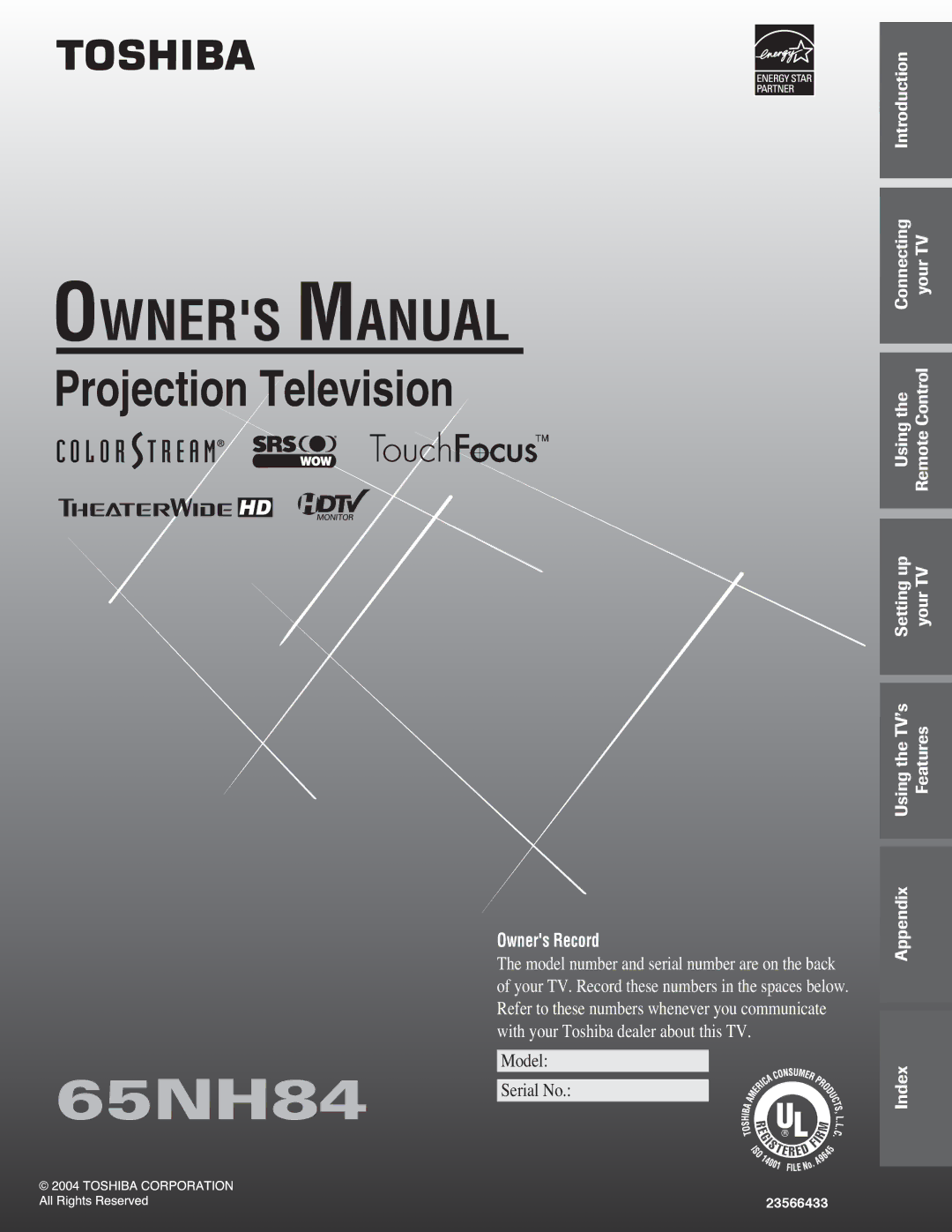 Toshiba 65NH84 owner manual Projection Television 