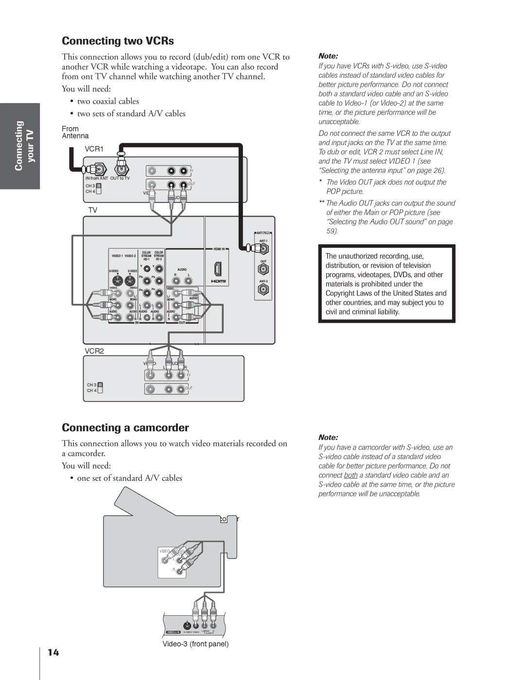 Toshiba 65NH84 owner manual Connecting two VCRs, Connecting a camcorder 