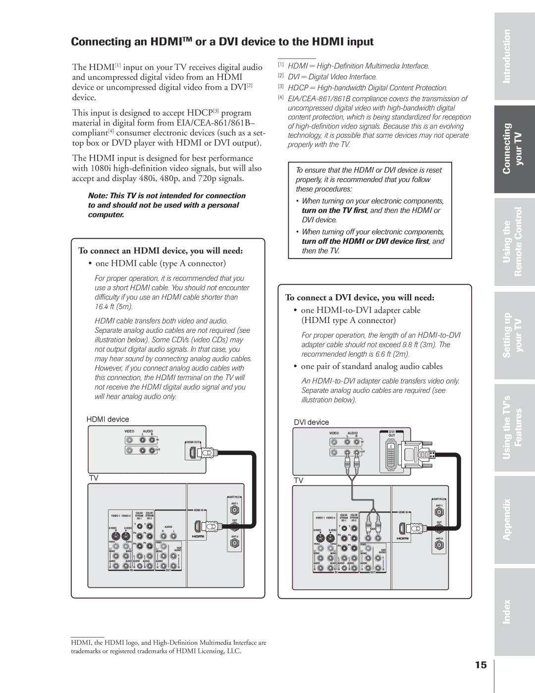 Toshiba 65NH84 owner manual Connecting an Hdmitm or a DVI device to the Hdmi input, One Hdmi cable type a connector 