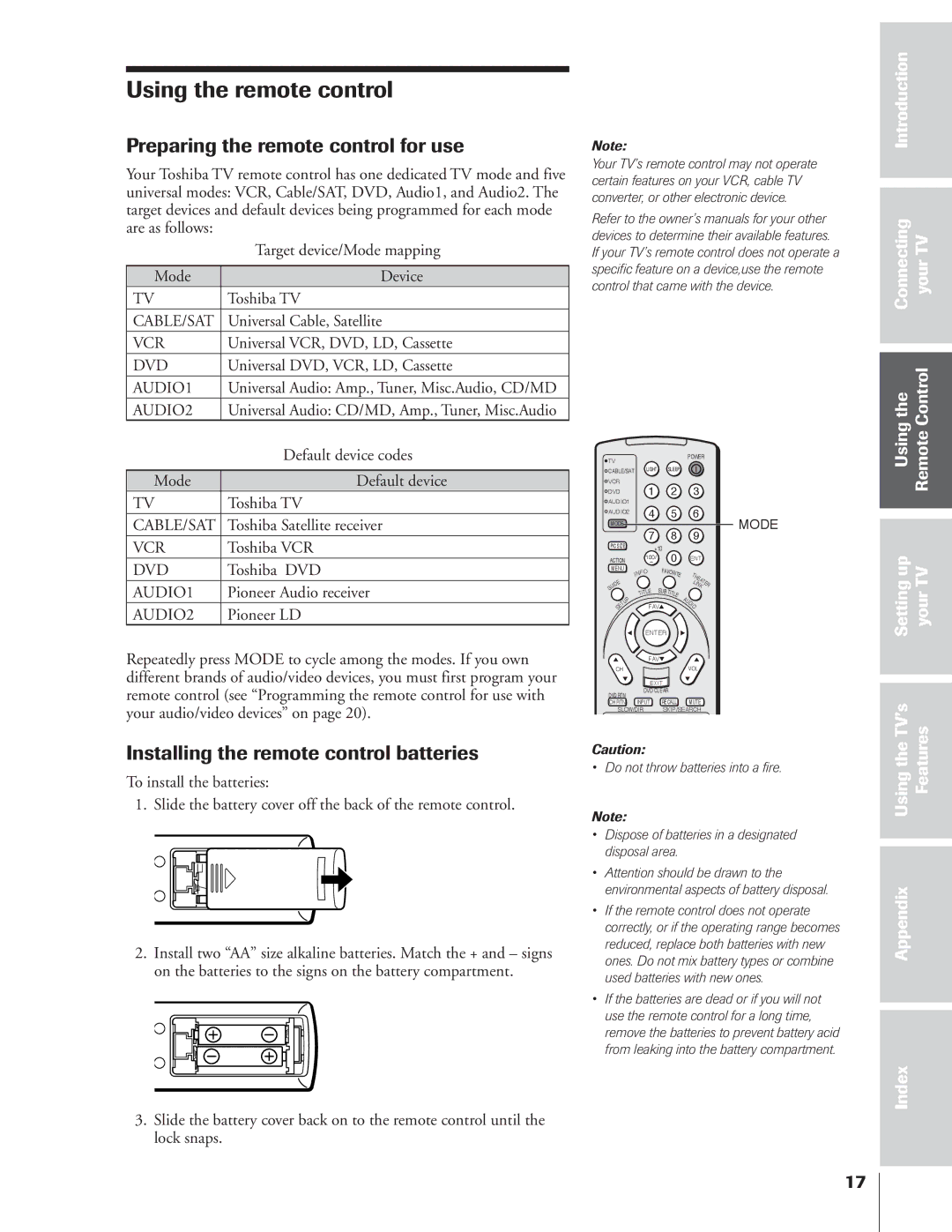 Toshiba 65NH84 owner manual Preparing the remote control for use, Installing the remote control batteries 