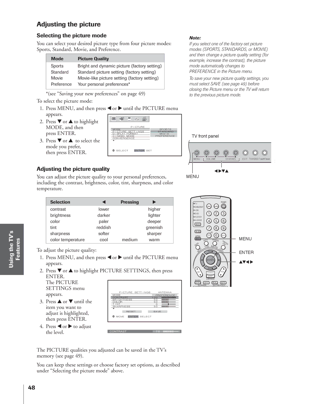 Toshiba 65NH84 owner manual Selecting the picture mode, Adjusting the picture quality 