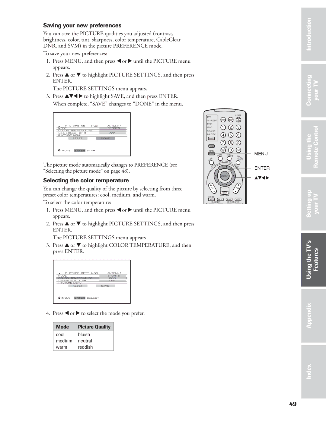 Toshiba 65NH84 owner manual Saving your new preferences, Selecting the color temperature, Picture Settings menu appears 