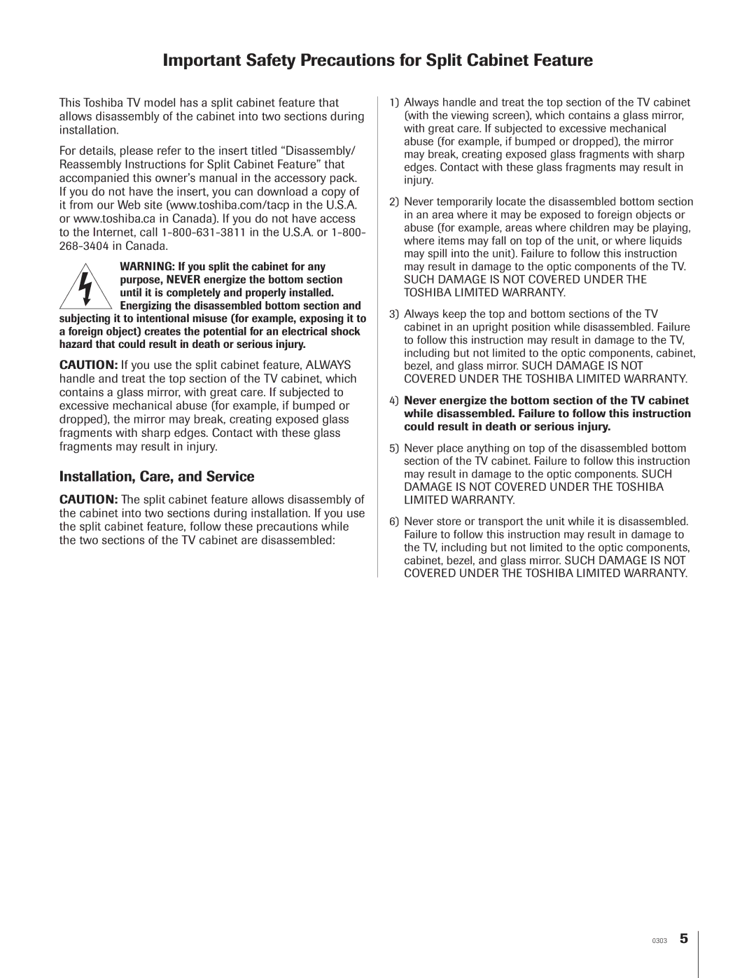 Toshiba 65NH84 owner manual Important Safety Precautions for Split Cabinet Feature 