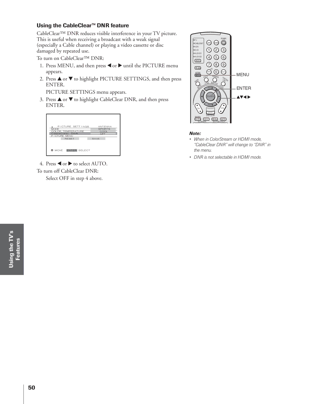 Toshiba 65NH84 owner manual Using the CableClear DNR feature 