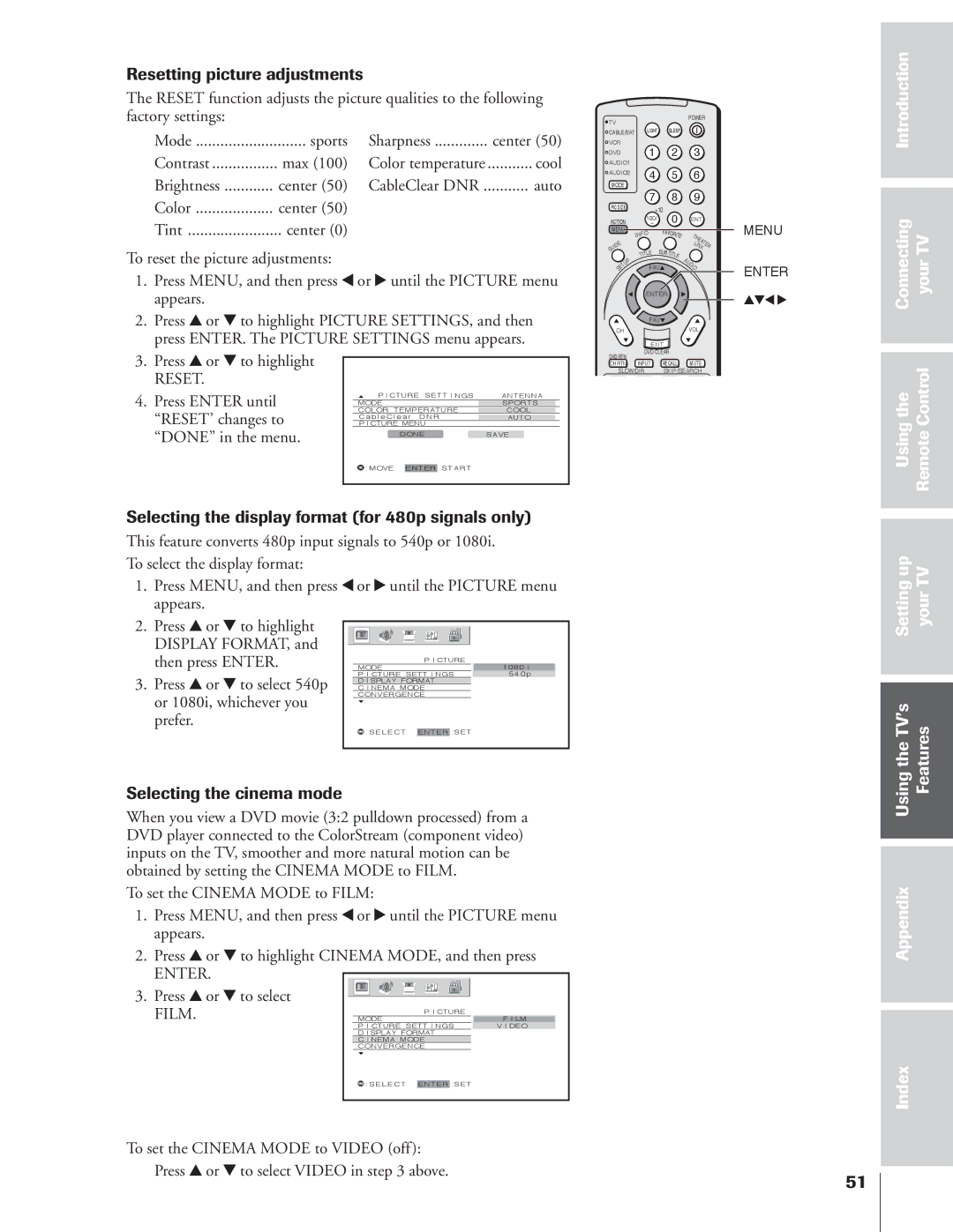 Toshiba 65NH84 Resetting picture adjustments, Selecting the display format for 480p signals only, TheTV’s Features 