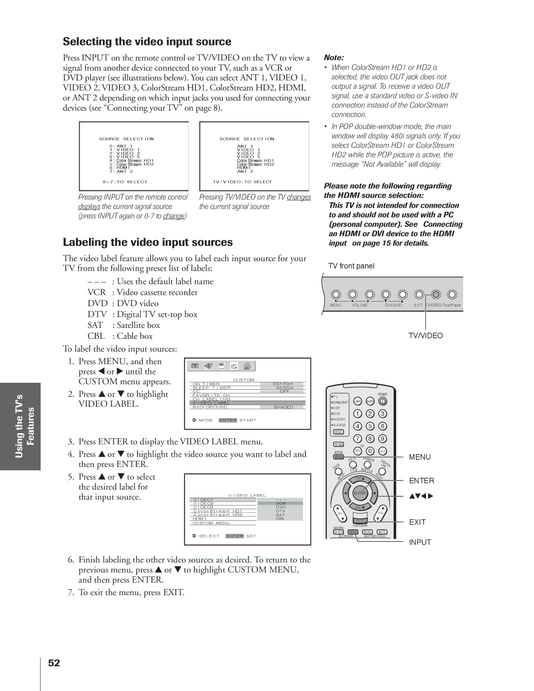 Toshiba 65NH84 owner manual Selecting the video input source 