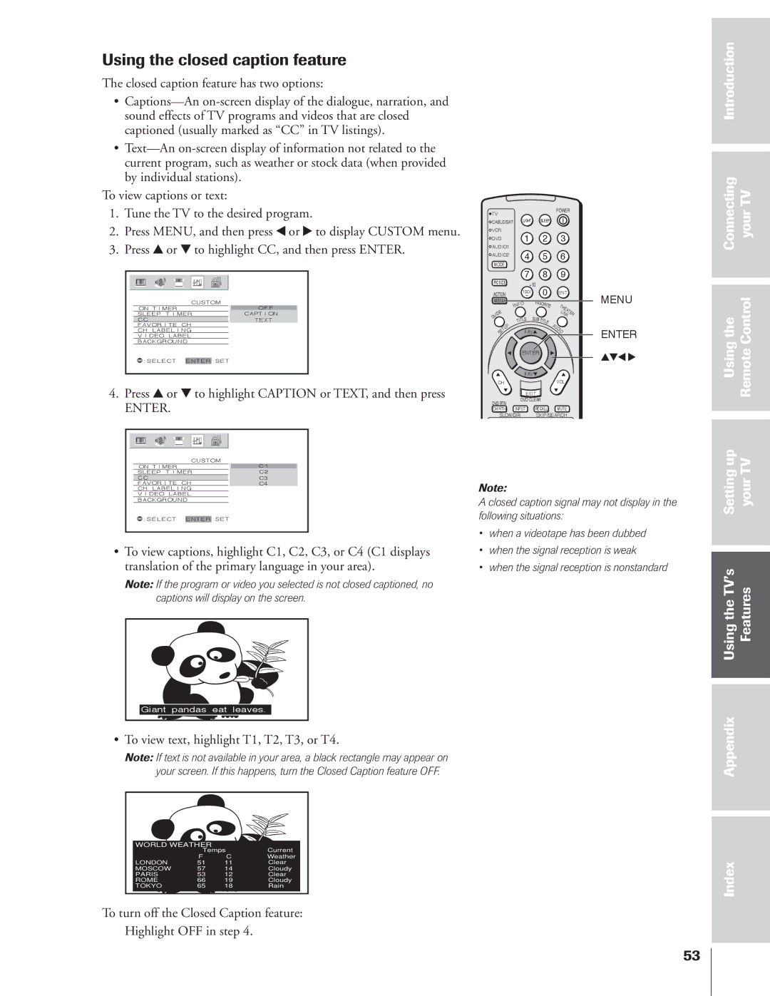 Toshiba 65NH84 owner manual Using the closed caption feature, Press y or z to highlight Caption or TEXT, and then press 