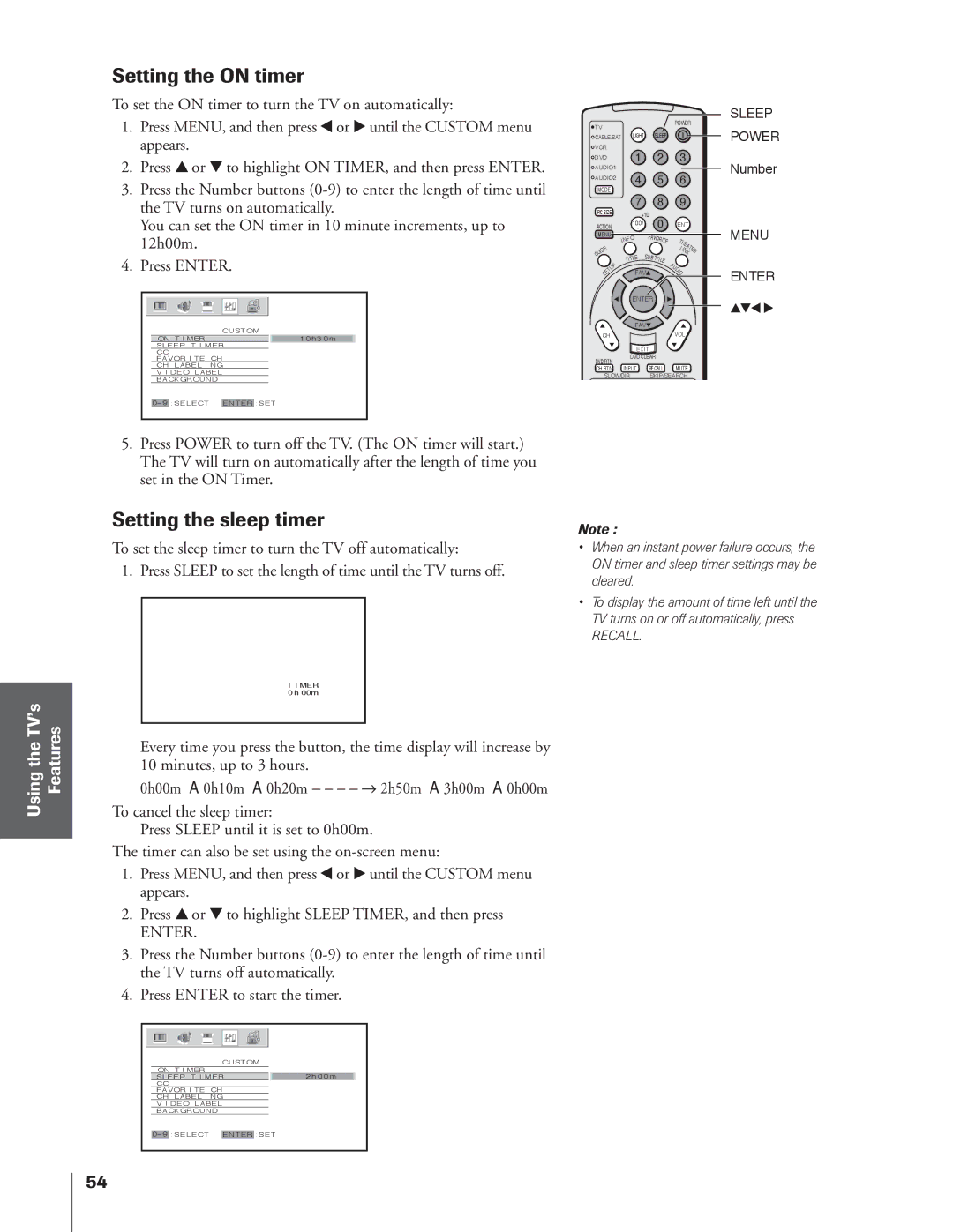 Toshiba 65NH84 owner manual Setting the on timer, Setting the sleep timer 