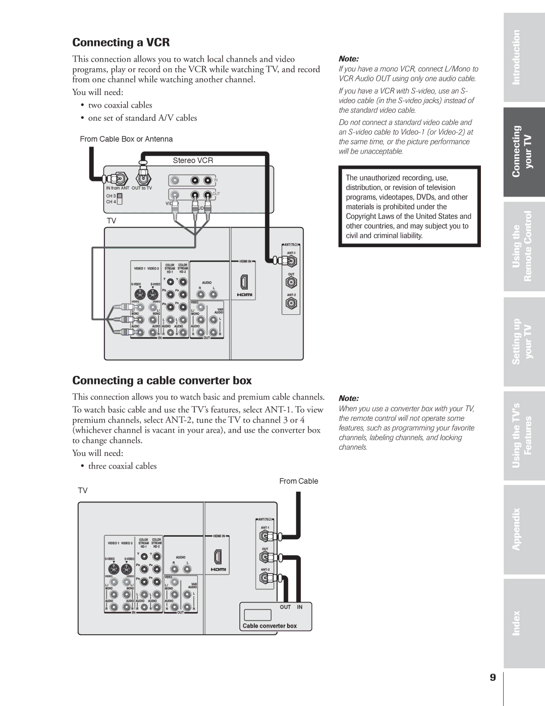 Toshiba 65NH84 owner manual Connecting a VCR, Connecting a cable converter box 