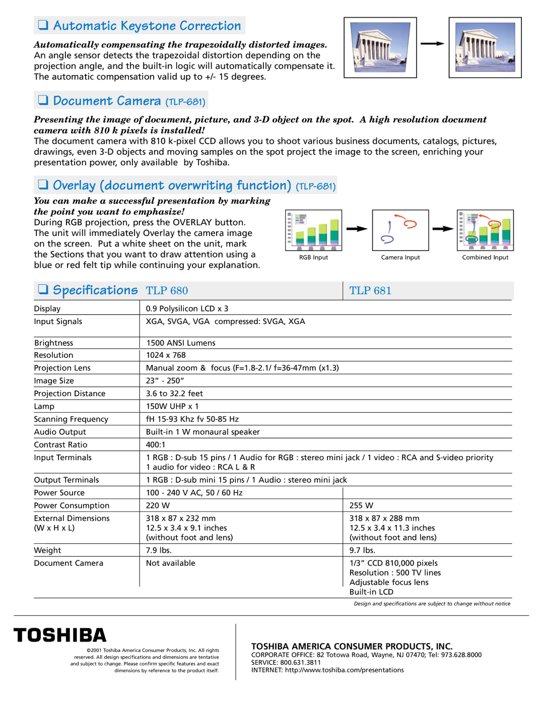 Toshiba Automatic Keystone Correction, Document Camera TLP-681, Overlay document overwriting function TLP-681, Tlp 