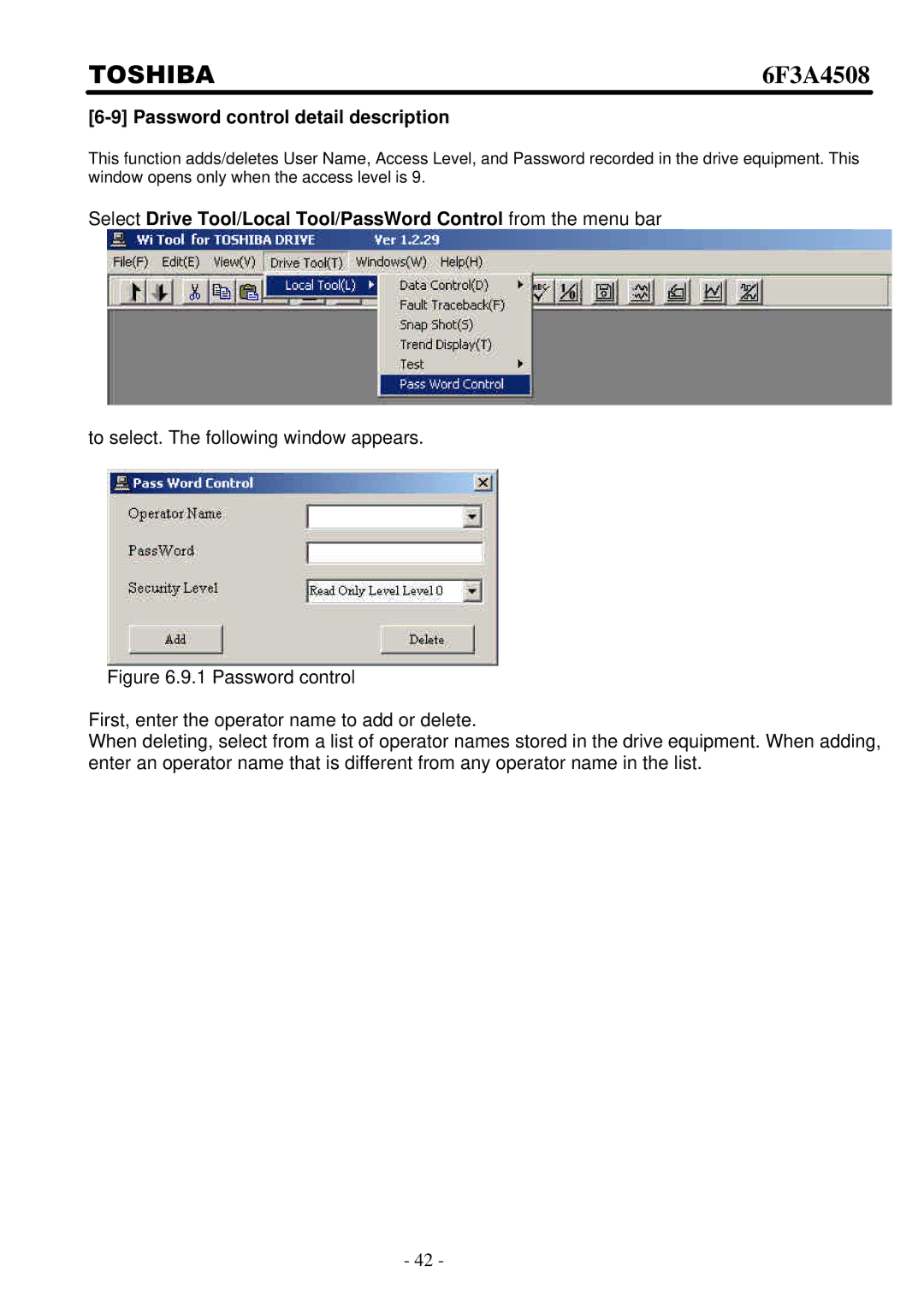 Toshiba 6F3A4508 manual Password control detail description 