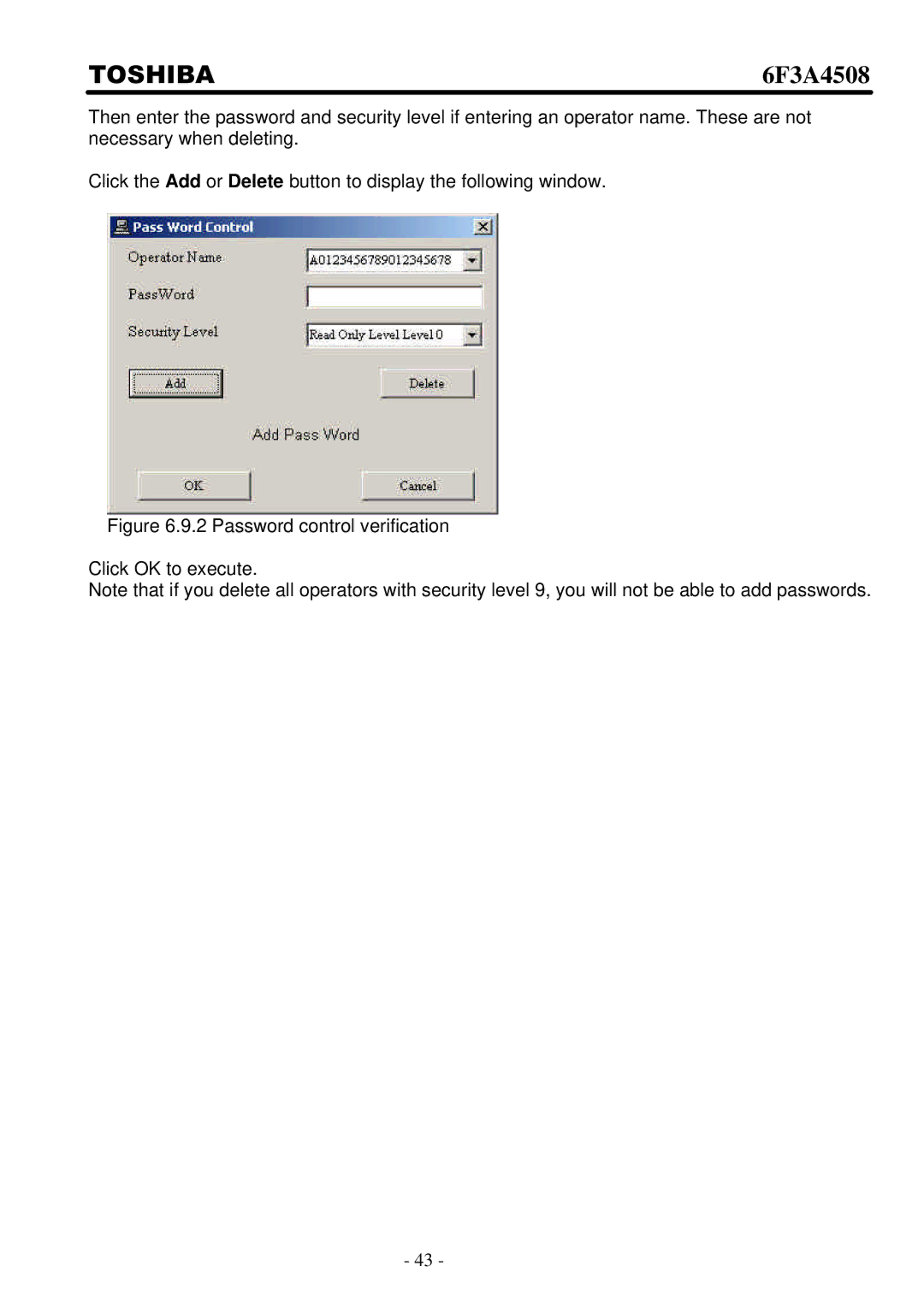 Toshiba 6F3A4508 manual Password control verification Click OK to execute 