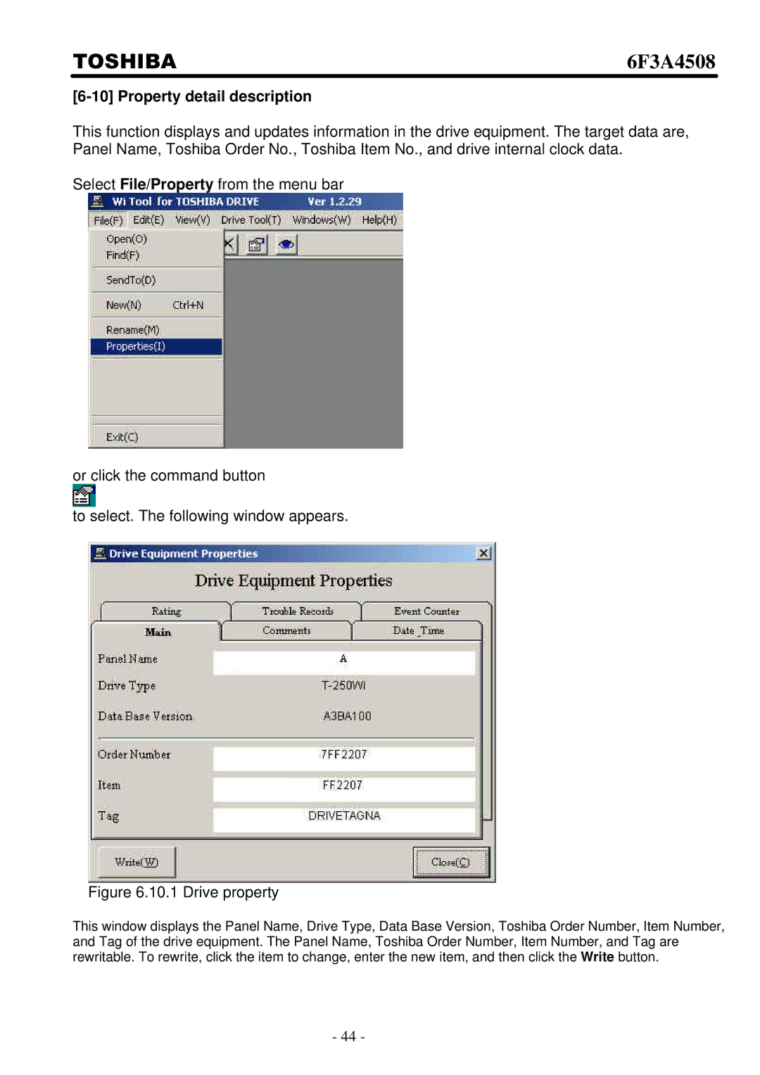 Toshiba 6F3A4508 manual Property detail description, Drive property 